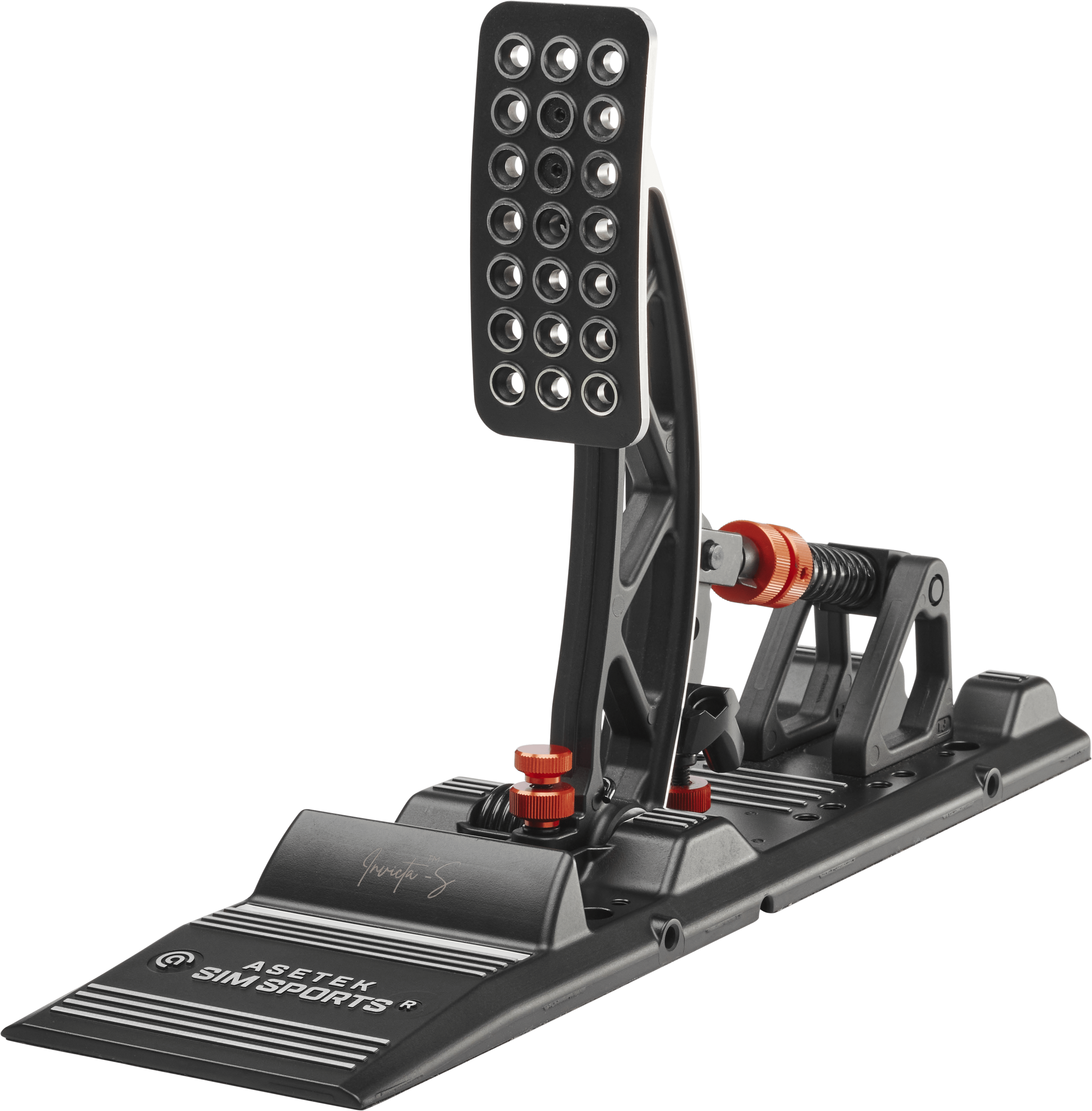 Front angled view of Asetek SimSports Invicta S-Series T.H.O.R.P. II pedals with throttle controls for sim racing setups.