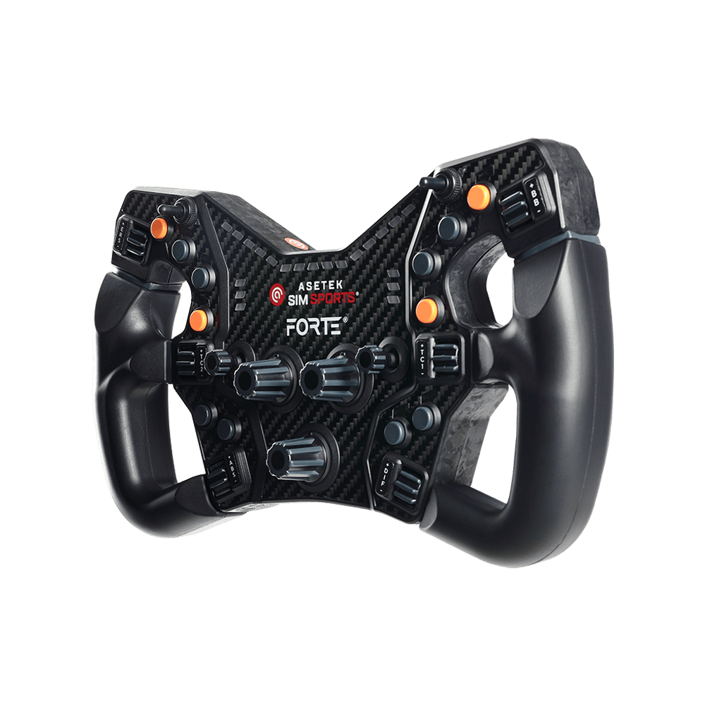 Asetek SimSports LMP handles with orange buttons and angled grip for racing wheel rim accessories.