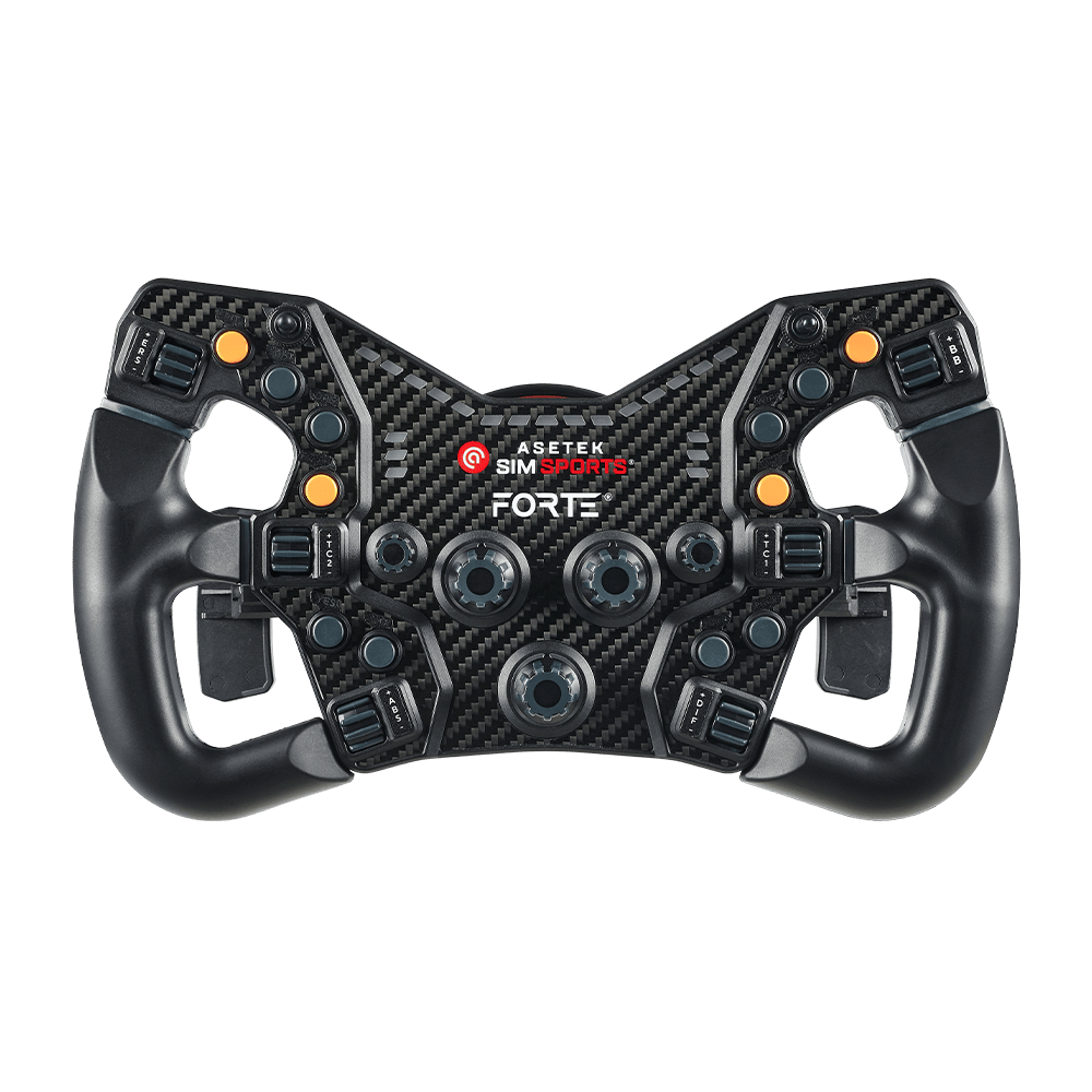 Asetek SimSports LMP wheel rim handles with orange buttons, designed for racing simulation steering wheels, front view.