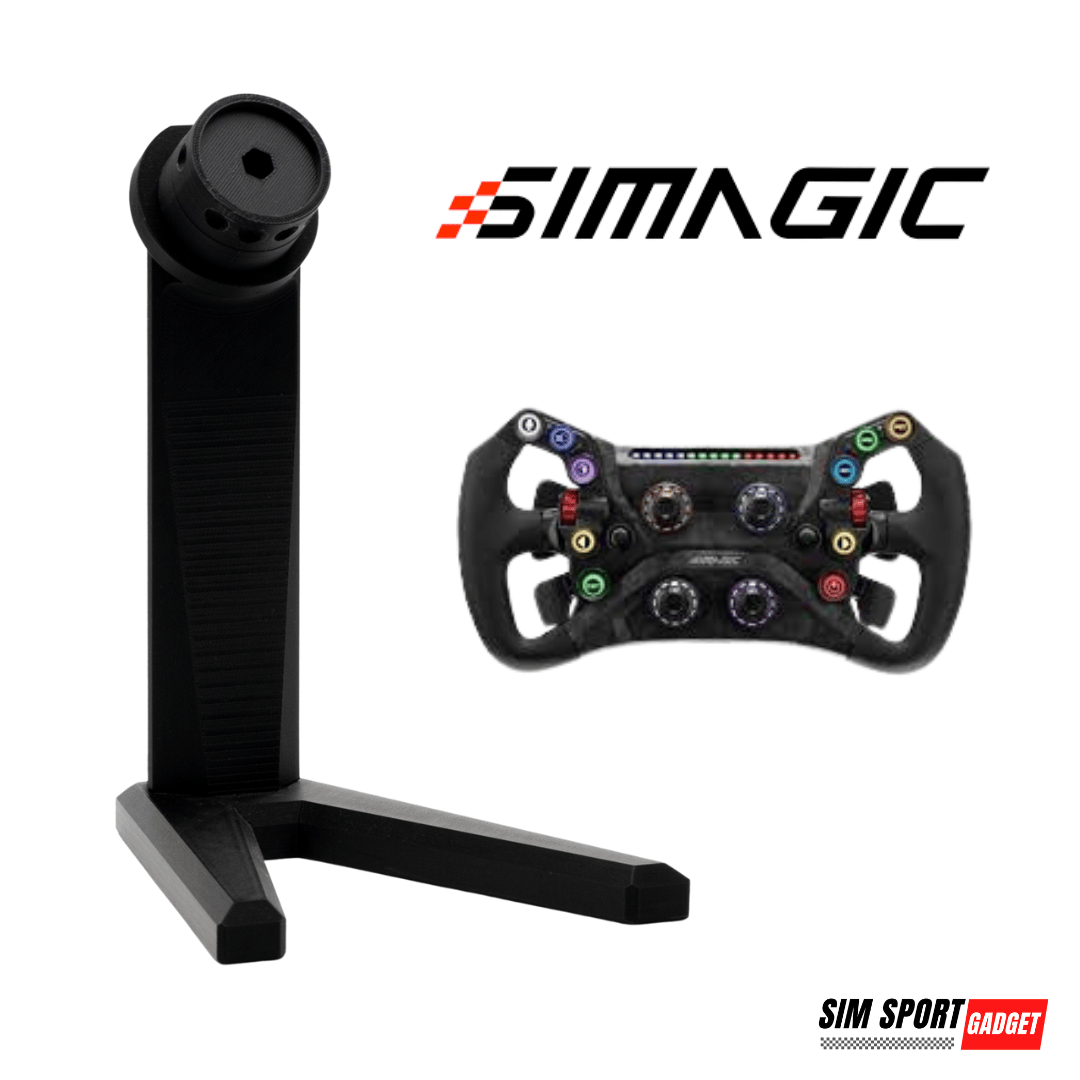 Simagic QR wheel display stand for sim racing steering wheels, shown with Logitech G Pro 2 wheel attached, by SimSportGadget.