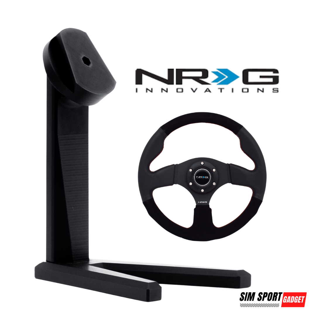 SimSportGadget NRG QR Wheel Display Stand for Logitech G Pro Racing Wheel, a secure mount for sim racing steering wheel accessories.