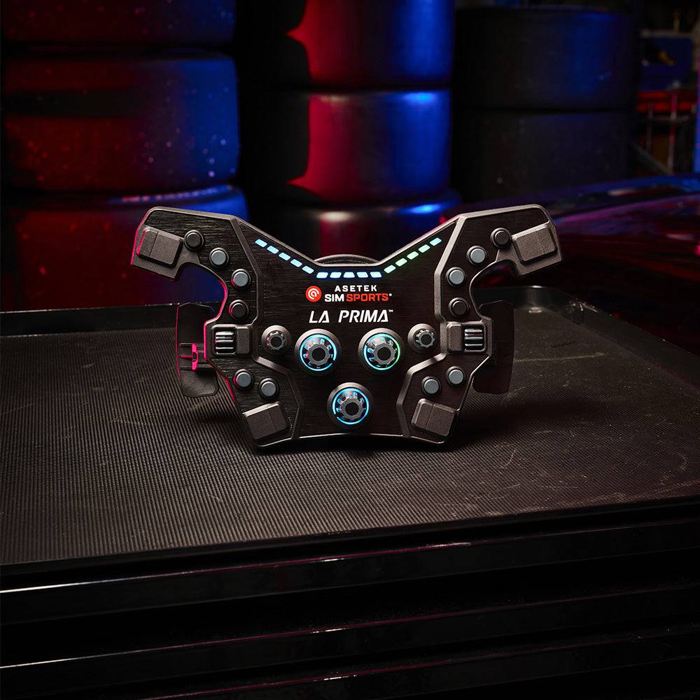 Asetek SimSports La Prima™ Formula Button Box black wheel rim with multiple buttons and switches for racing simulation setups.