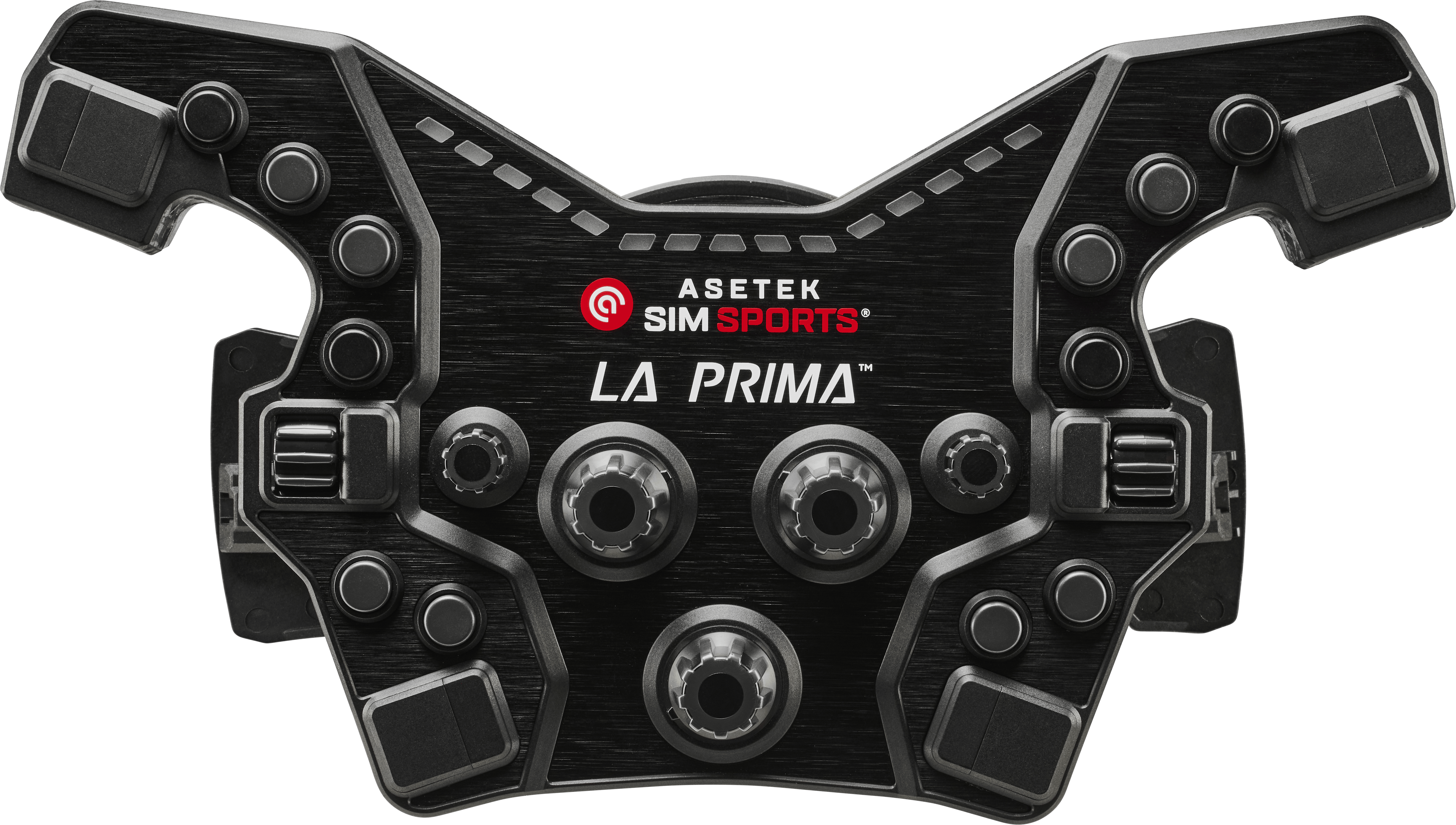Asetek SimSports La Prima™ Formula Button Box wheel rim in black with multiple buttons and controls for racing simulation setups.