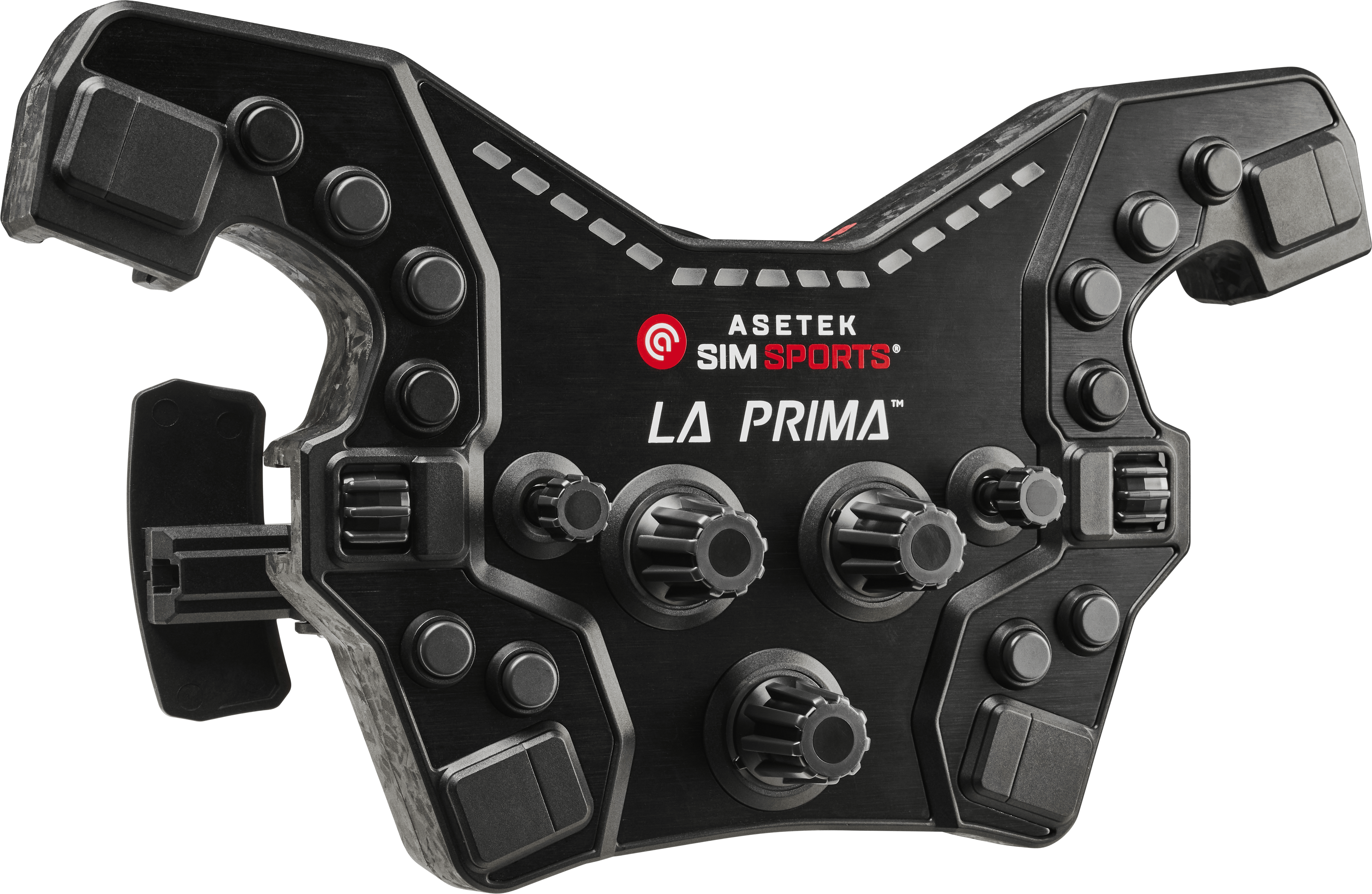 Asetek SimSports La Prima™ Formula Button Box in black attached to a racing wheel rim for sim racing setup.