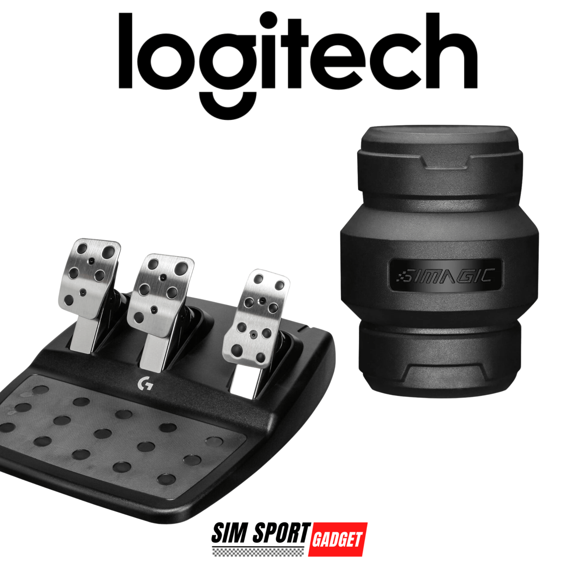 SimSportGadget Logitech G923 pedal mod mounted on Simagic P-HPR NEO racing simulator setup.