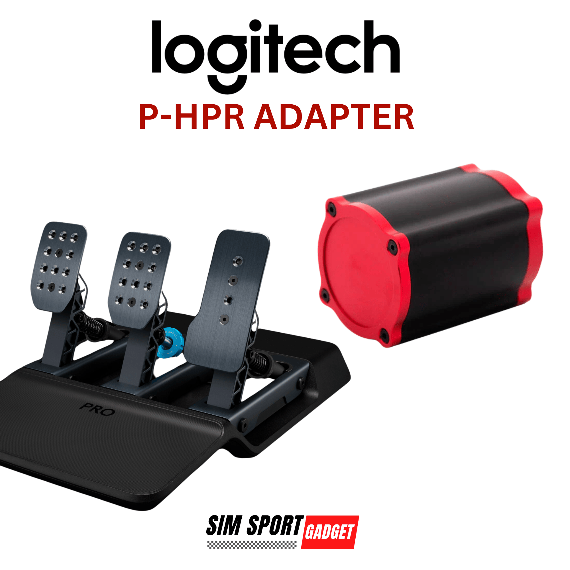 Logitech G Pro Simagic P-HPR Mount pedal mod by SimSportGadget showing a sturdy black pedal adapter with mounting hardware