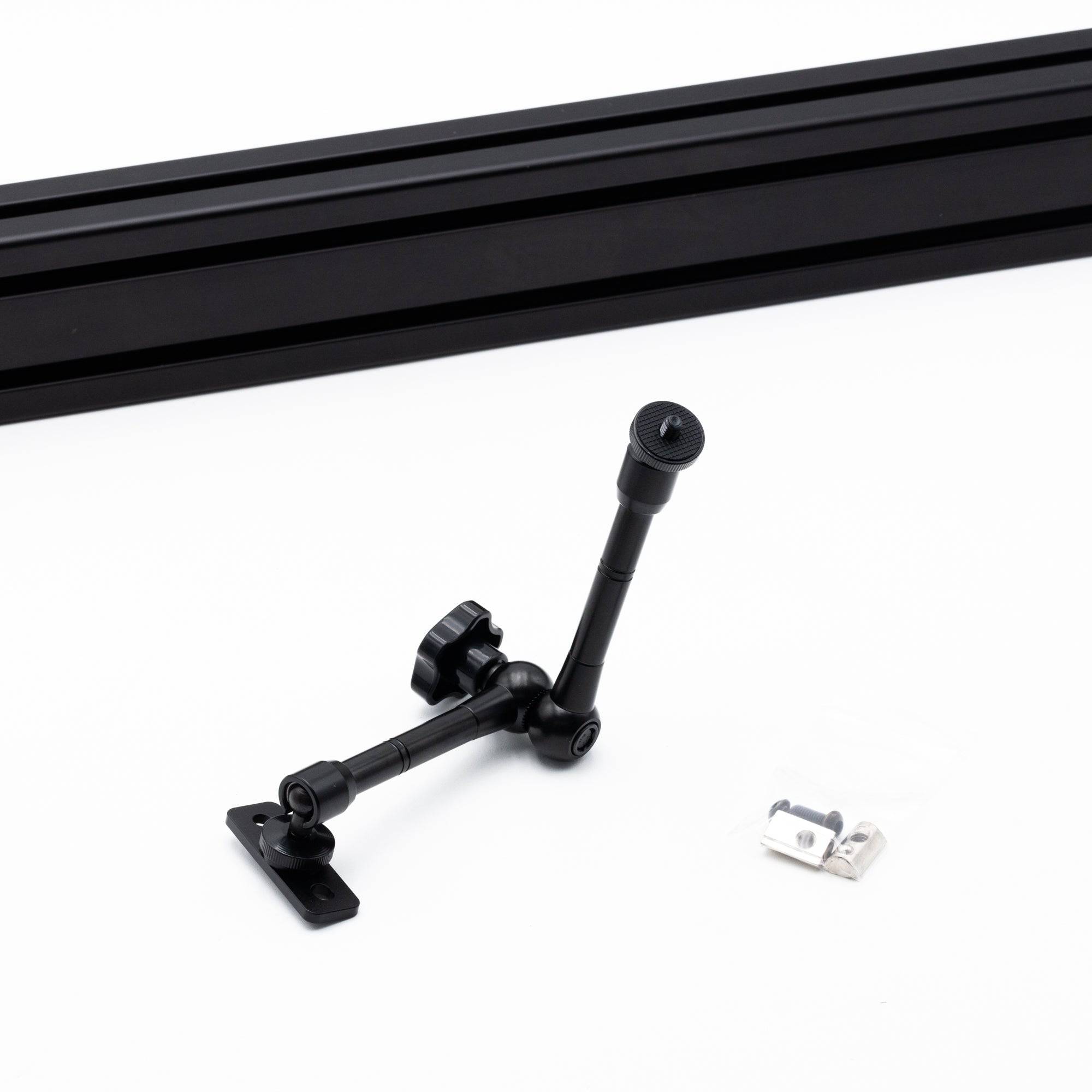 SimSportGadget metal articulating extension arm with 1/4 inch thread for sim racing and flight simulation accessories.