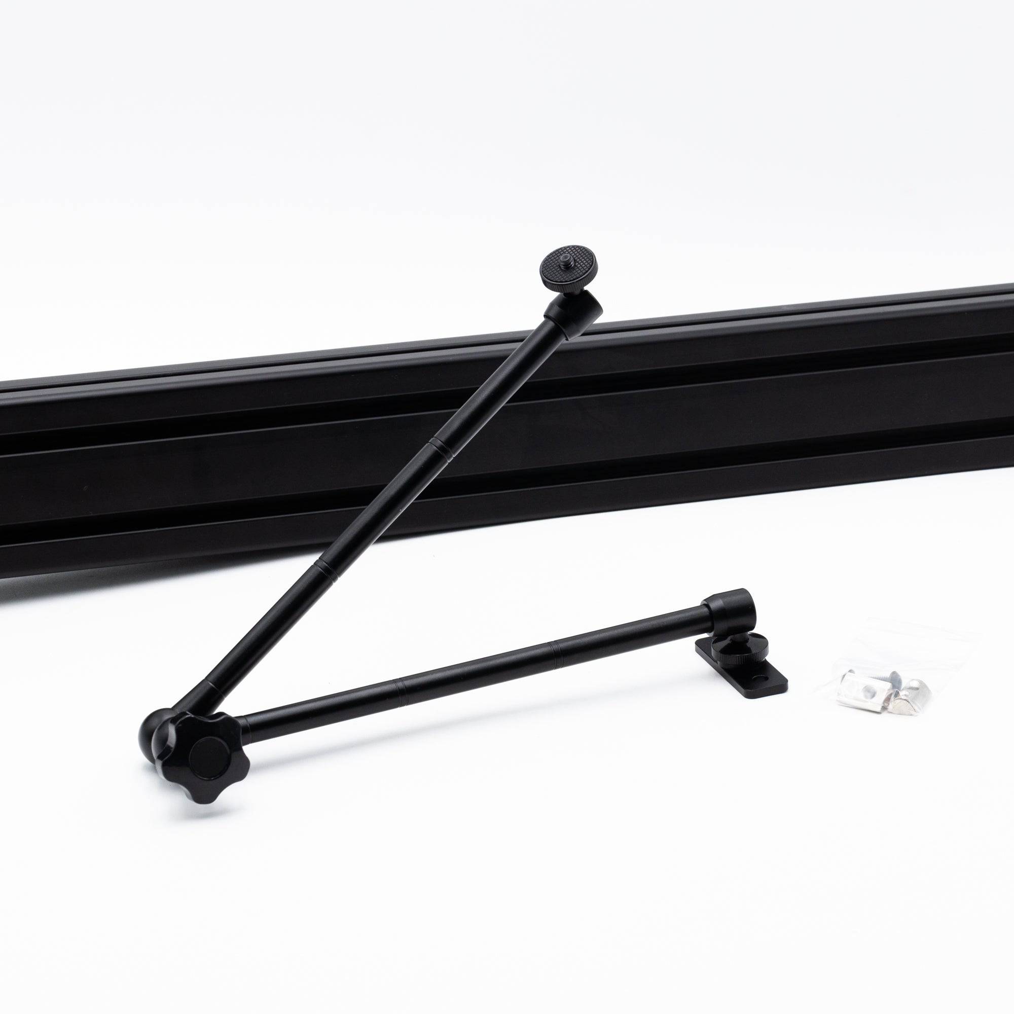 SimSportGadget metal articulating extension arm with 1/4 inch thread mount for sim racing and flight simulation accessories.