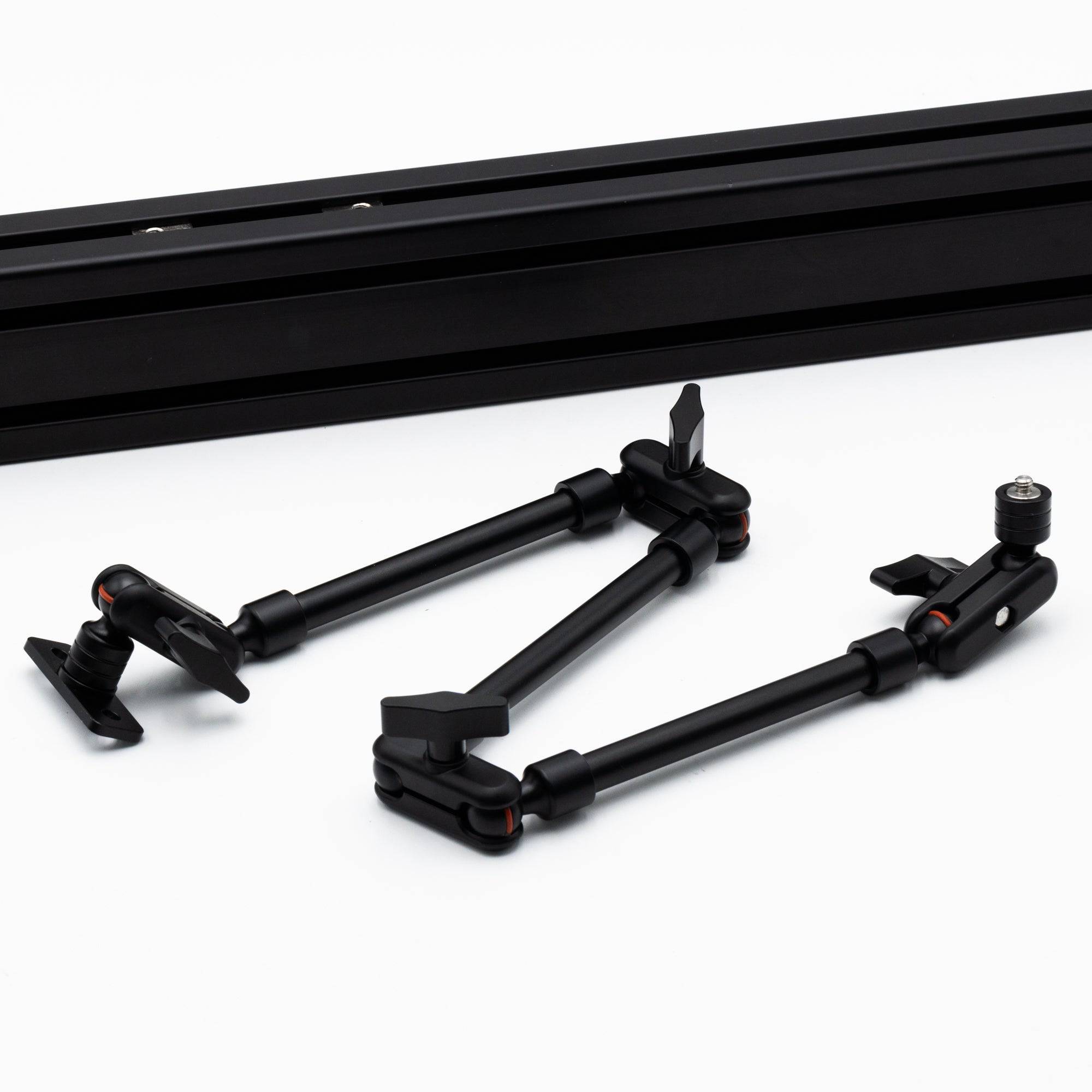 SimSportGadget metal articulating extension arm with 1/4 inch thread for sim racing and flight simulation accessories.