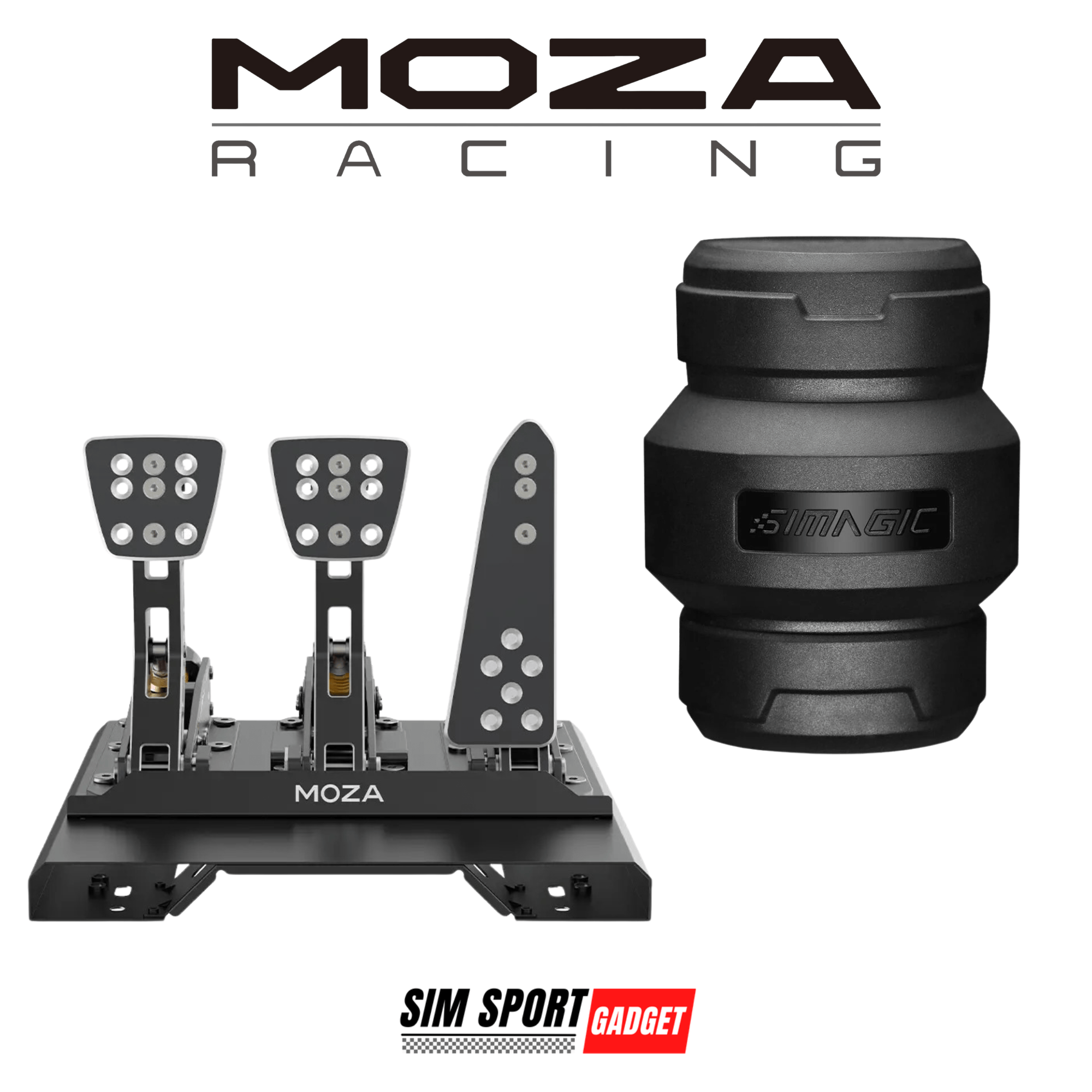 SimSportGadget Moza CRP Pedal adapter for Simagic P-HPR NEO Mount, shown attached to pedal mod with mounting hardware.