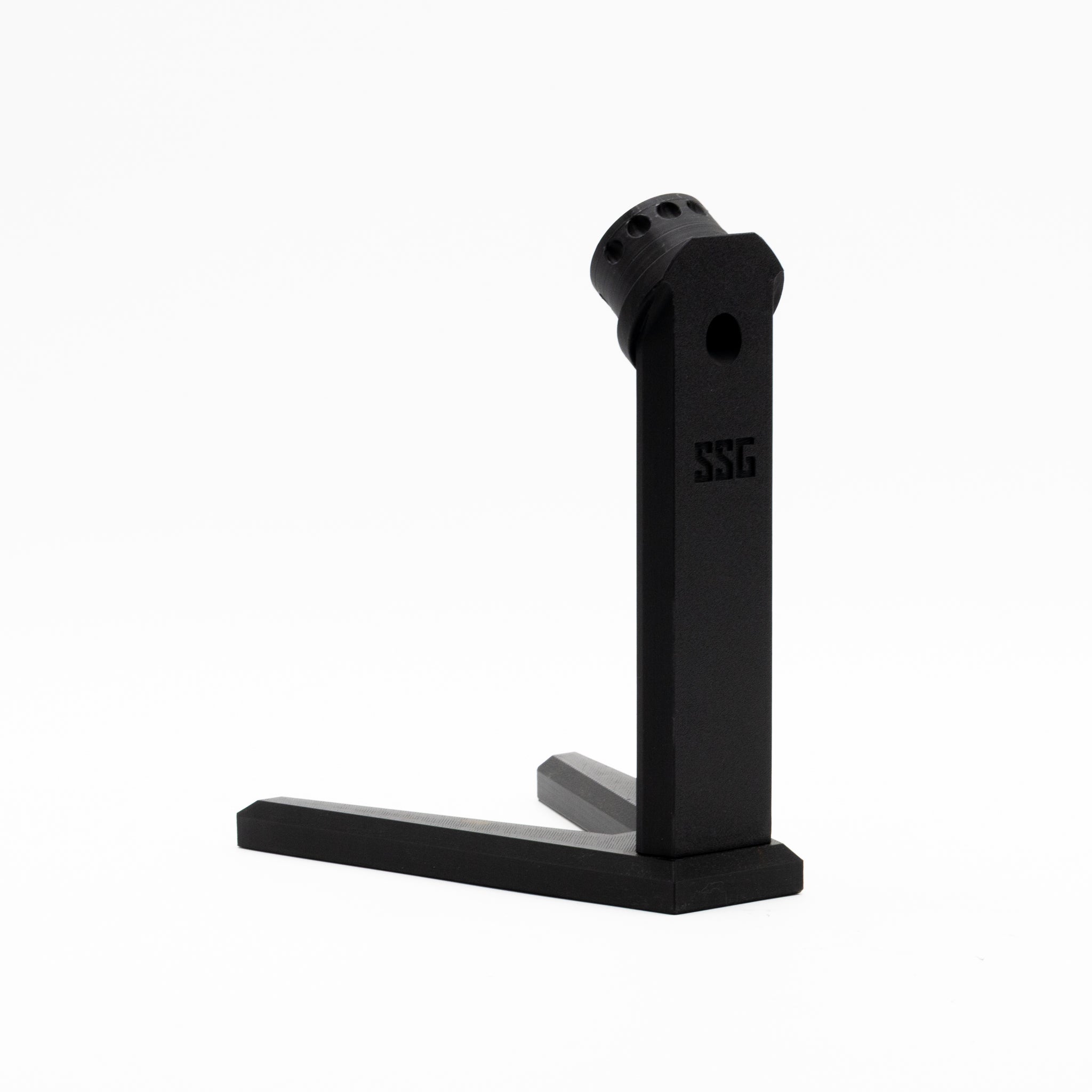 SimSportGadget Moza QR Wheel Display Stand for sim racing steering wheels, featuring a sturdy metal frame and adjustable mount.