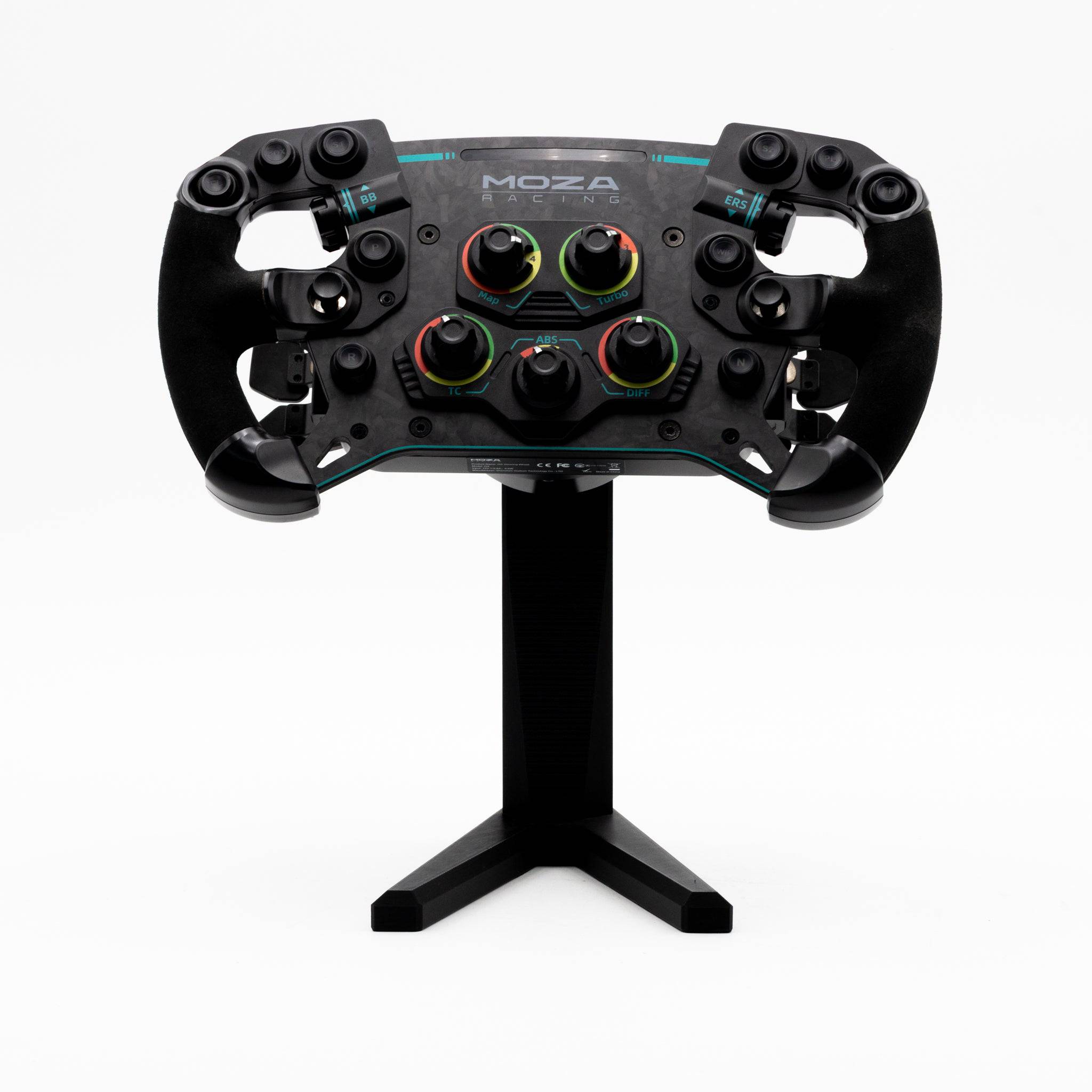 Moza QR Wheel Display Stand for Sim Racing Steering Wheels by SimSportGadget, showcasing a sturdy black wheel rim accessory on a display stand.