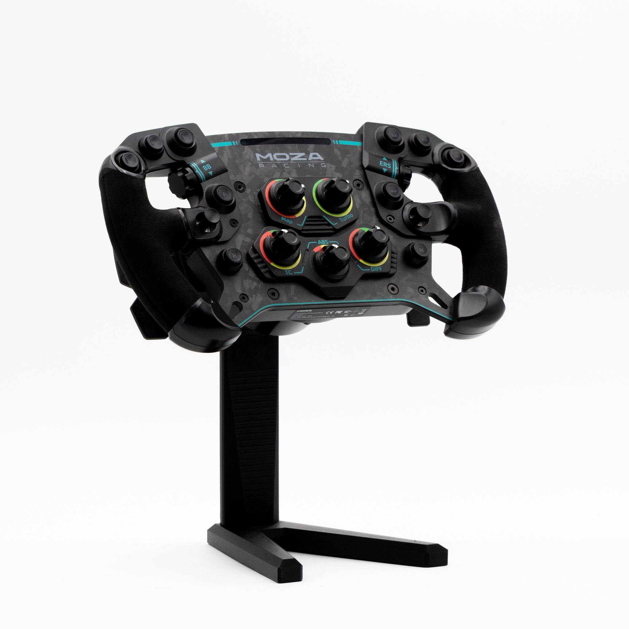 Moza QR Wheel Display Stand for sim racing steering wheels by SimSportGadget, showcasing a sturdy black wheel rim accessory.