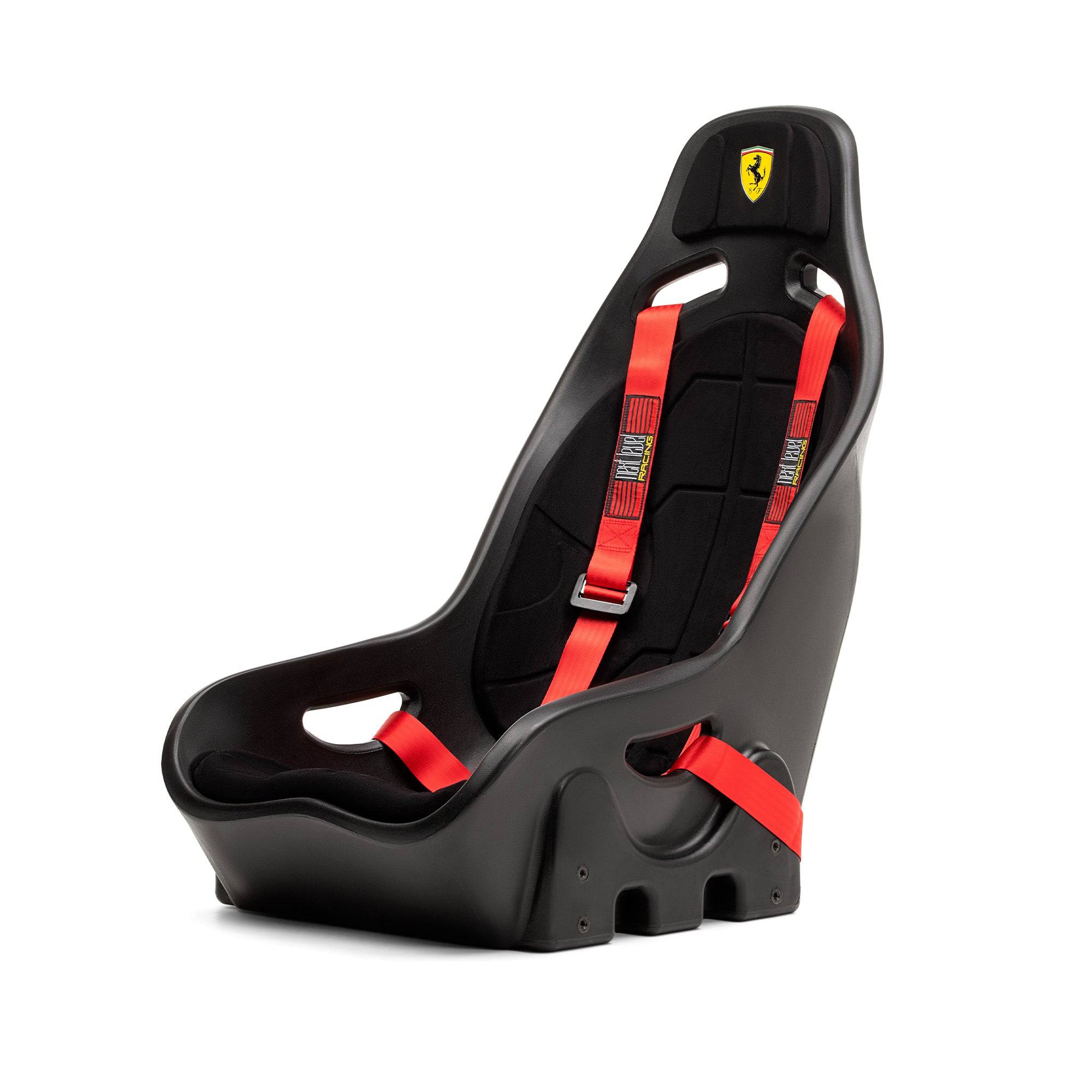 Next Level Racing Elite ES1 Scuderia Ferrari Edition sim racing seat and gaming chair, black with red accents and racing branding.