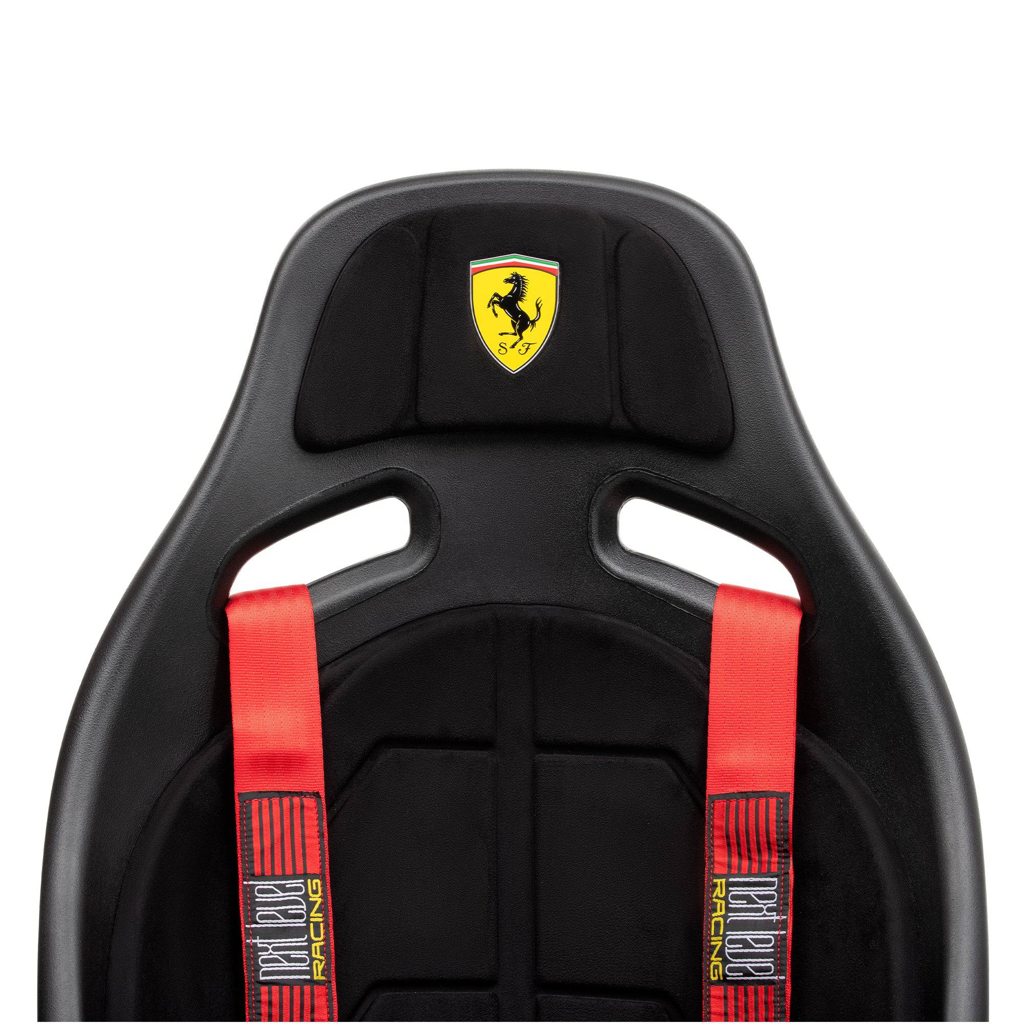Next Level Racing Elite ES1 Scuderia Ferrari Edition sim racing seat with red and black upholstery and racing branding.