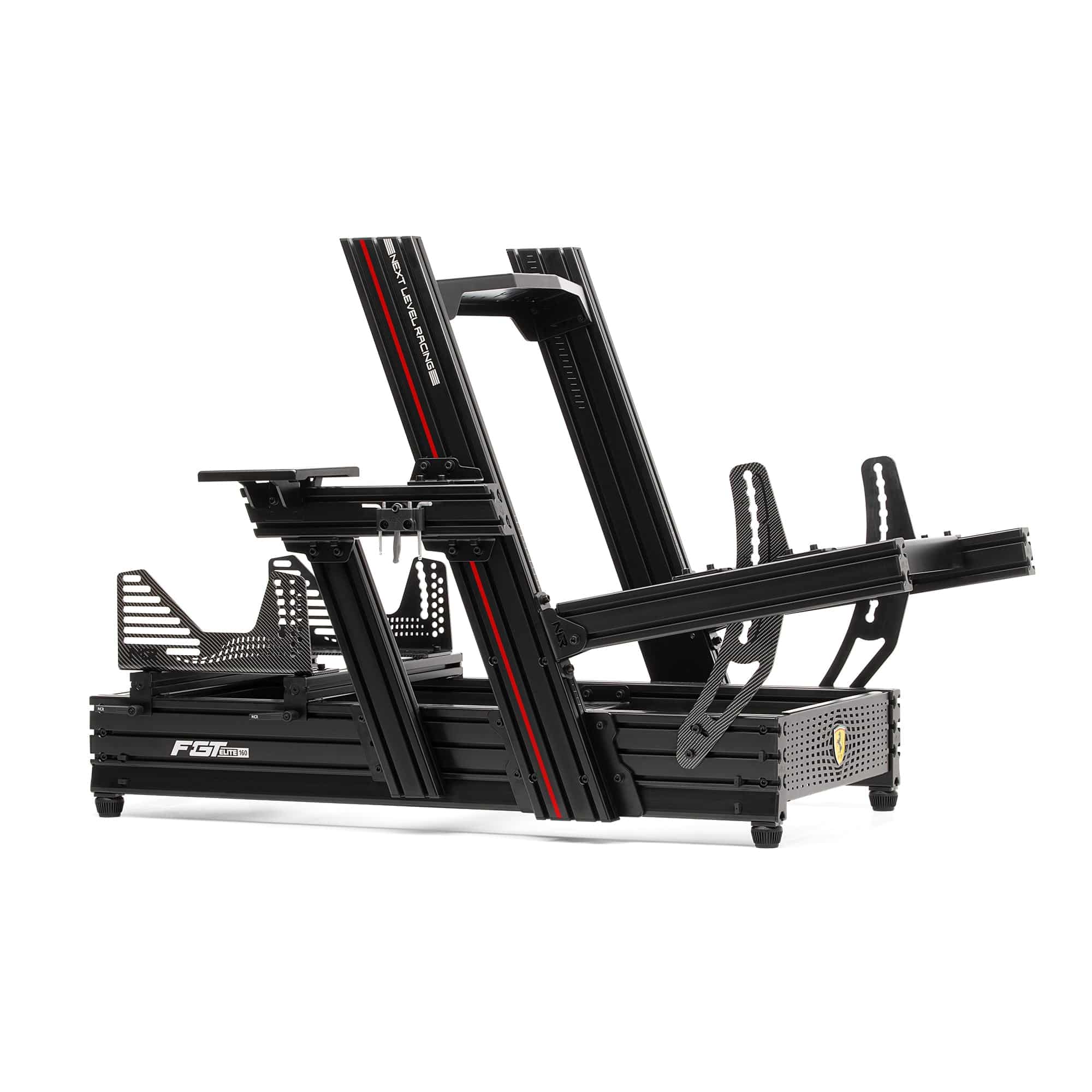 Next Level Racing F-GT Elite 160 sim racing chassis with Scuderia Ferrari edition design, featuring racing seat and steering wheel setup.