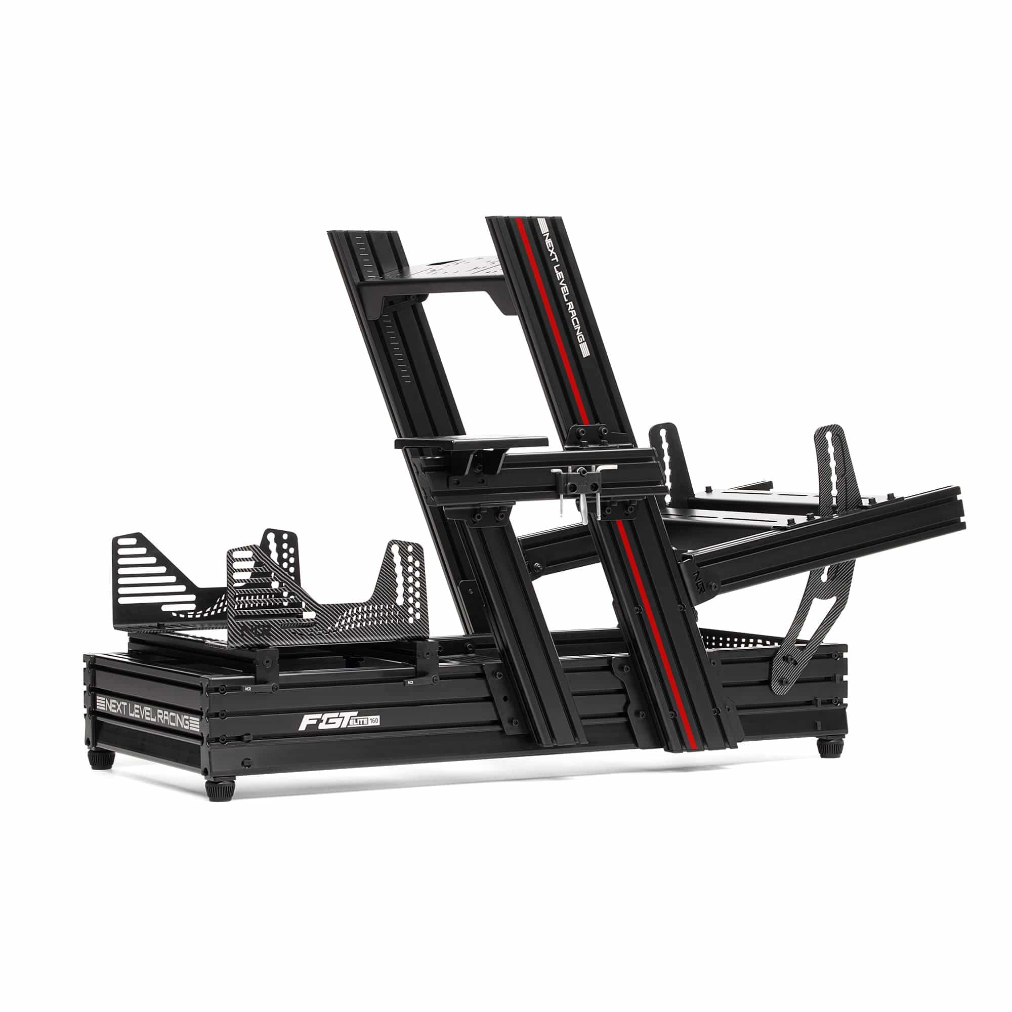 Next Level Racing F-GT Elite 160 sim racing chassis with Scuderia Ferrari edition, featuring racing seat and steering wheel mount.