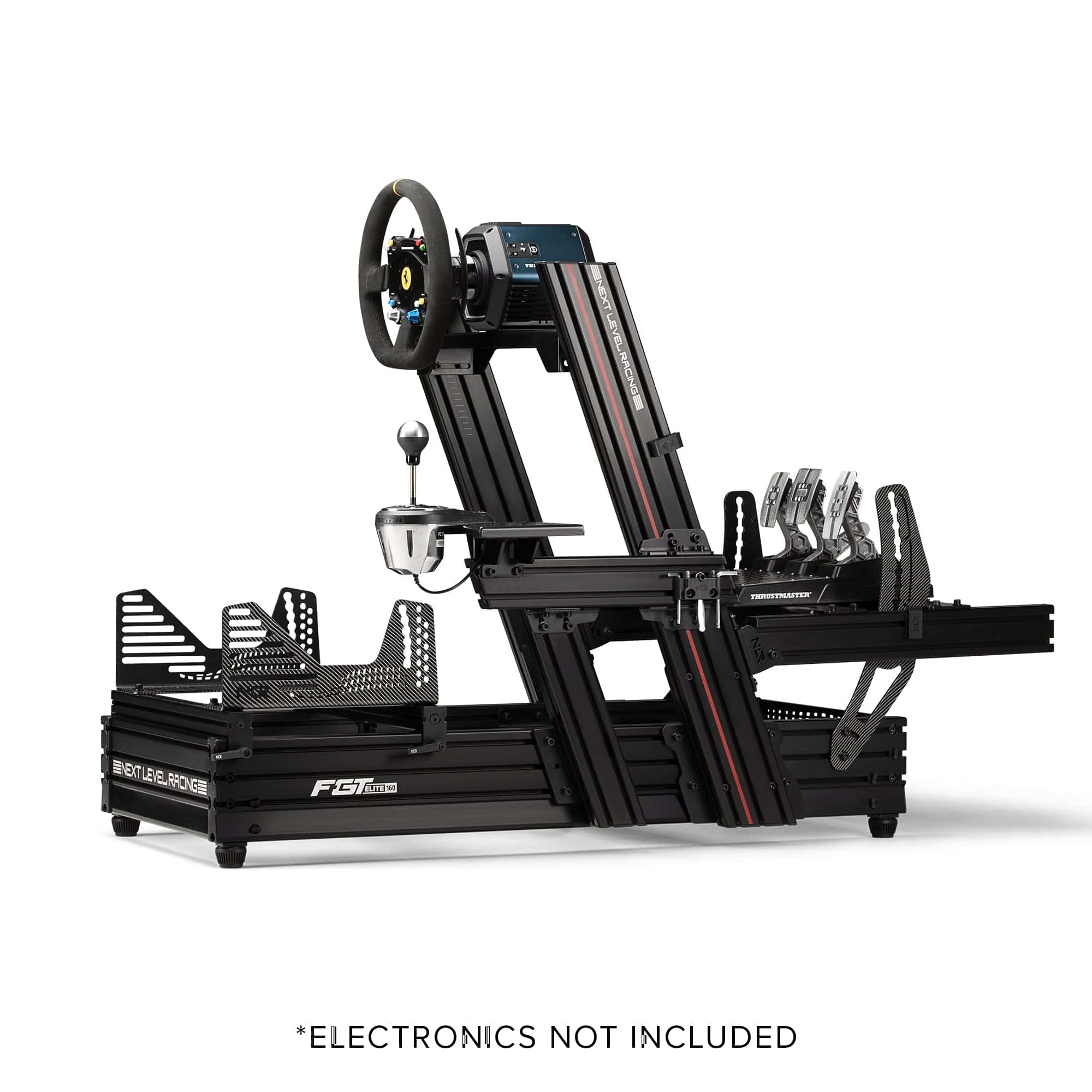 Next Level Racing F-GT Elite 160 sim racing chassis with Scuderia Ferrari edition, featuring racing seat and steering wheel mount.