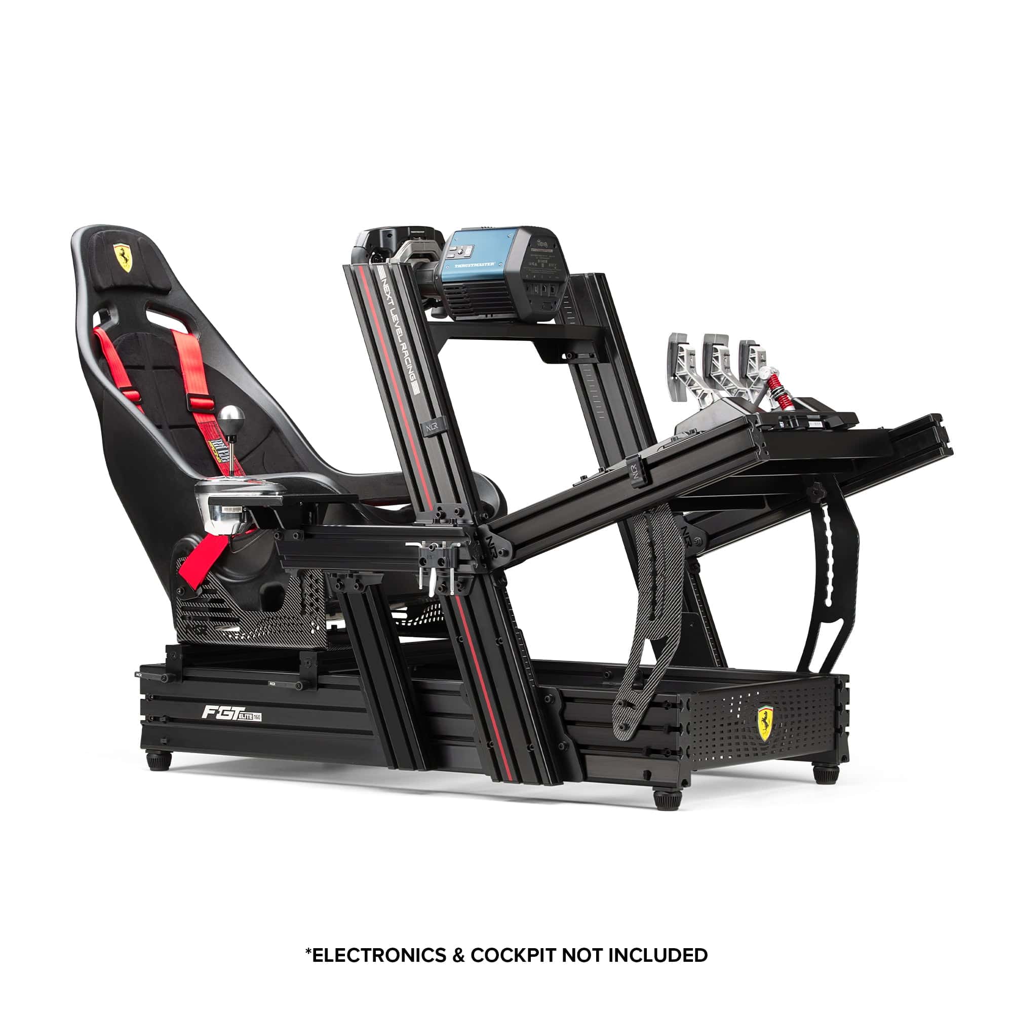 Next Level Racing F-GT Elite 160 sim racing chassis with Scuderia Ferrari edition, featuring a sleek black frame and racing seat.