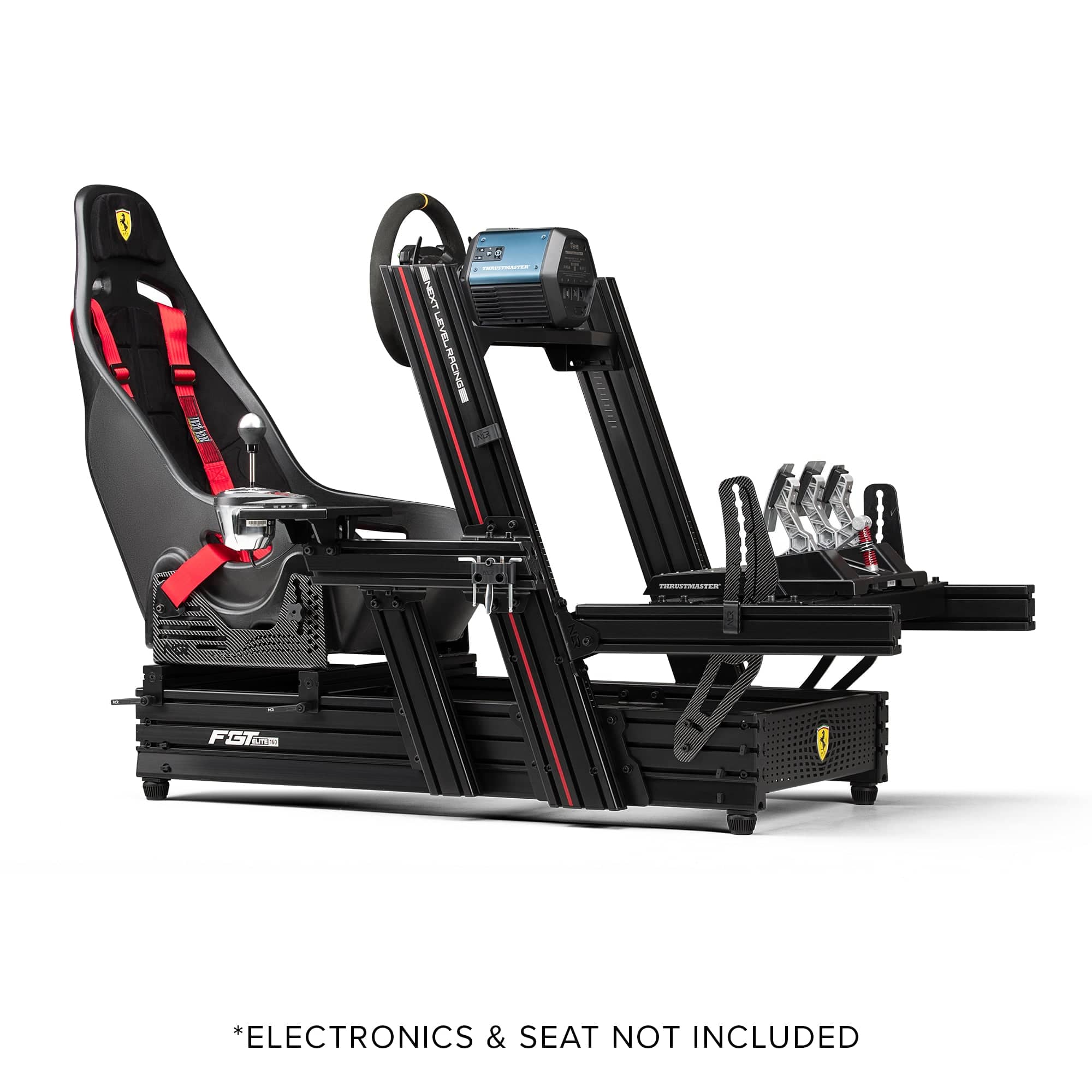 Next Level Racing F-GT Elite 160 Scuderia Ferrari Edition sim racing chassis with red and black design, adjustable racing setup.