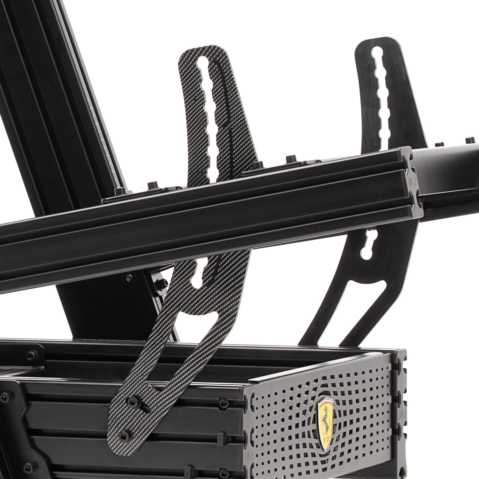Next Level Racing F-GT Elite 160 sim racing chassis in Scuderia Ferrari edition, with sleek design and racing features.