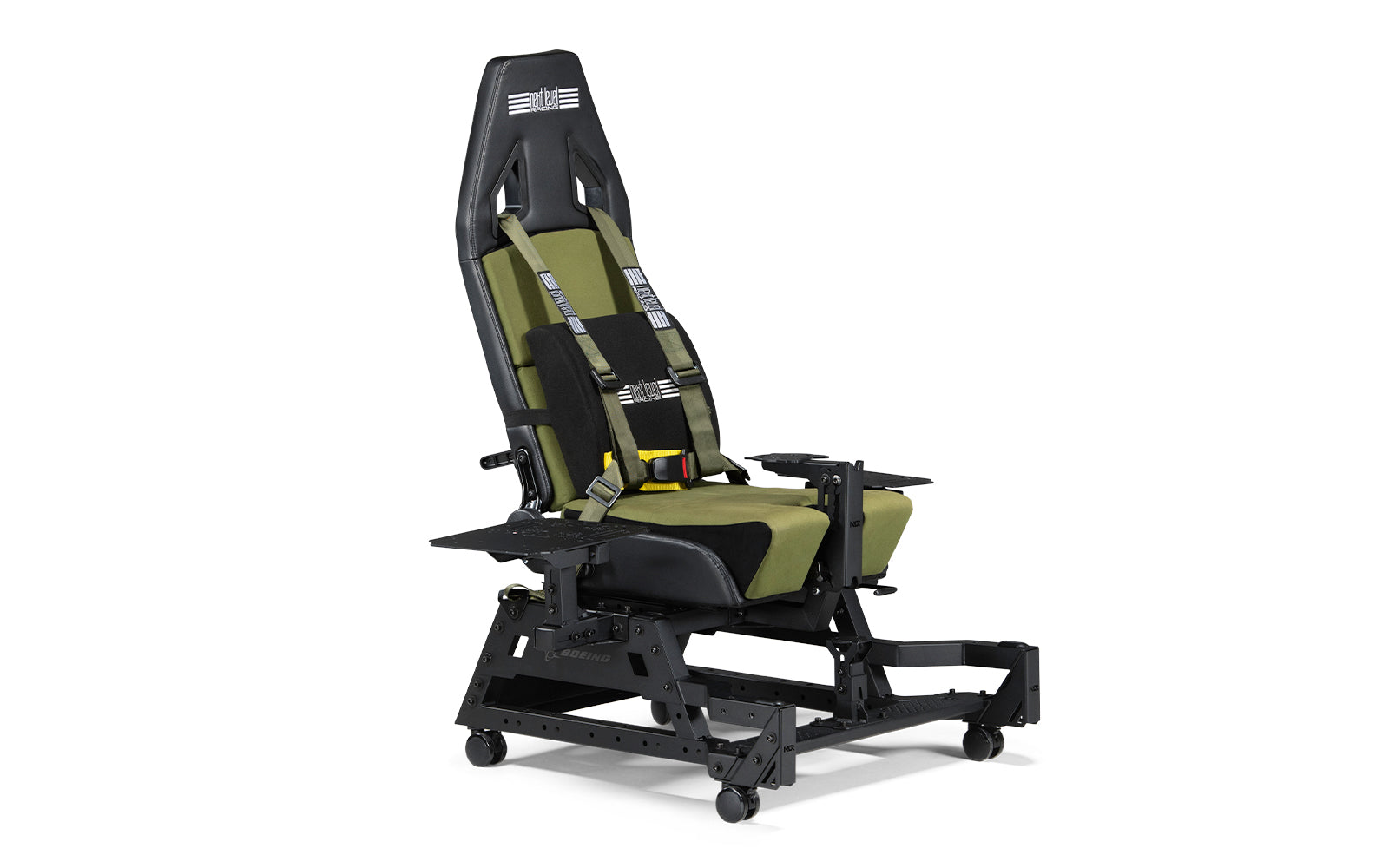 Next Level Racing Flight Seat Pro Boeing Military Edition flight cockpit simulator chassis with adjustable seat and controls.