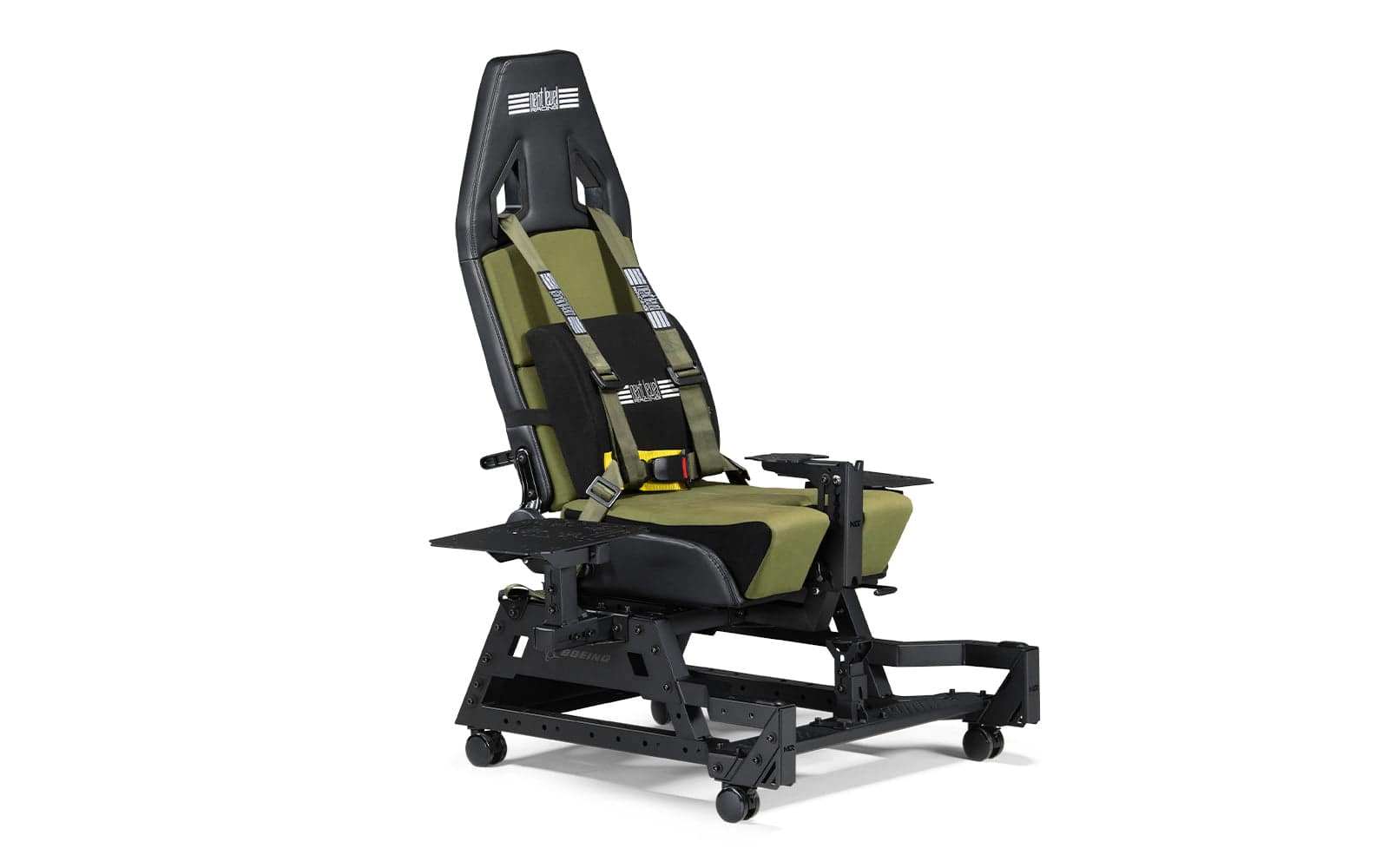 Next Level Racing Flight Seat Pro Boeing Military Edition flight cockpit simulator chassis with adjustable seat and controls.