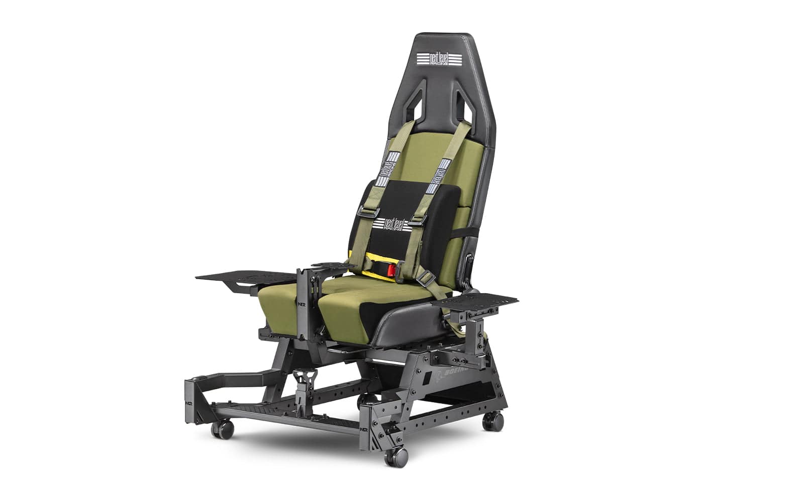 Next Level Racing Flight Seat Pro Boeing Military Edition flight cockpit simulator chassis with adjustable features and realistic design.