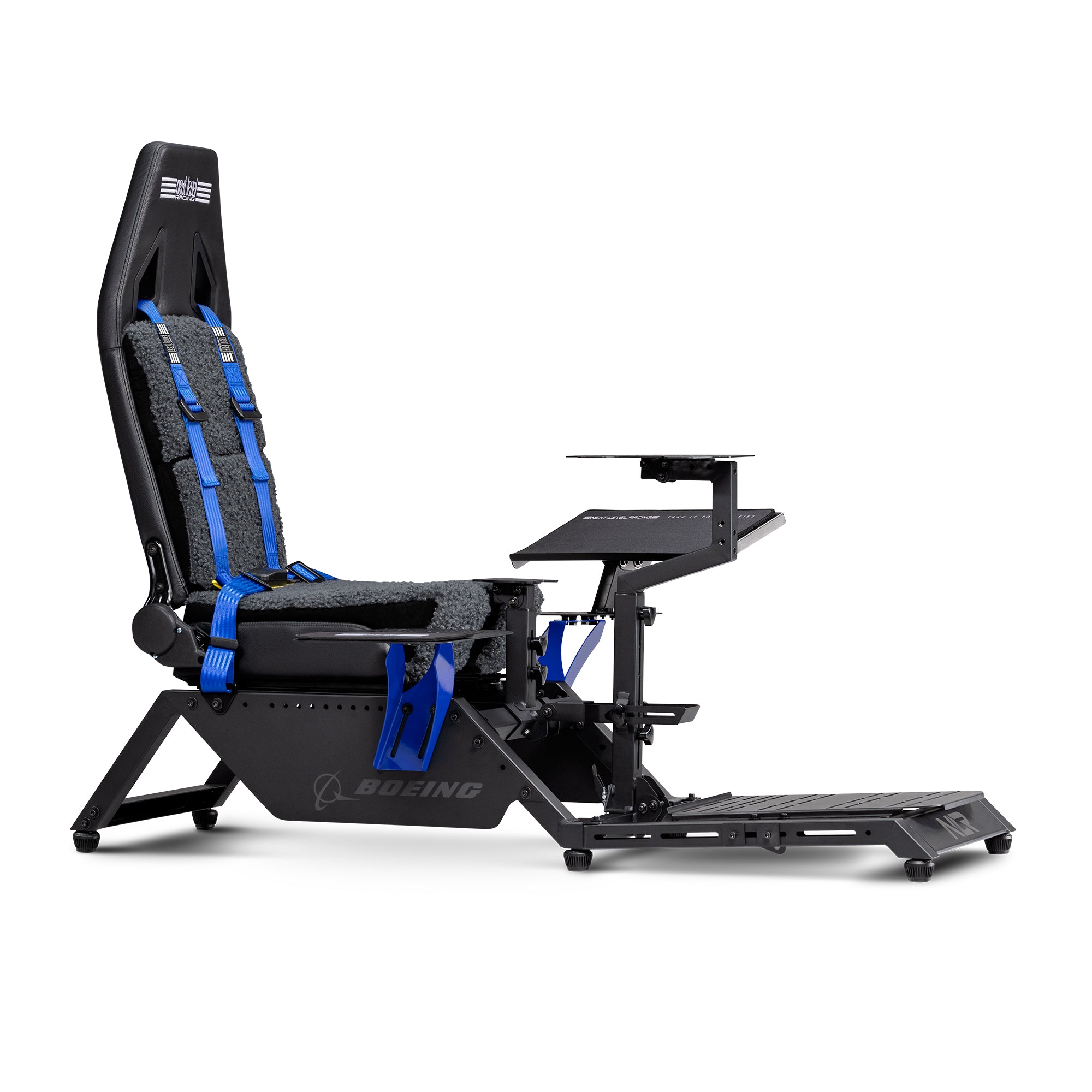 Next Level Racing Boeing Commercial Edition flight simulator cockpit chassis with realistic controls and sturdy construction.
