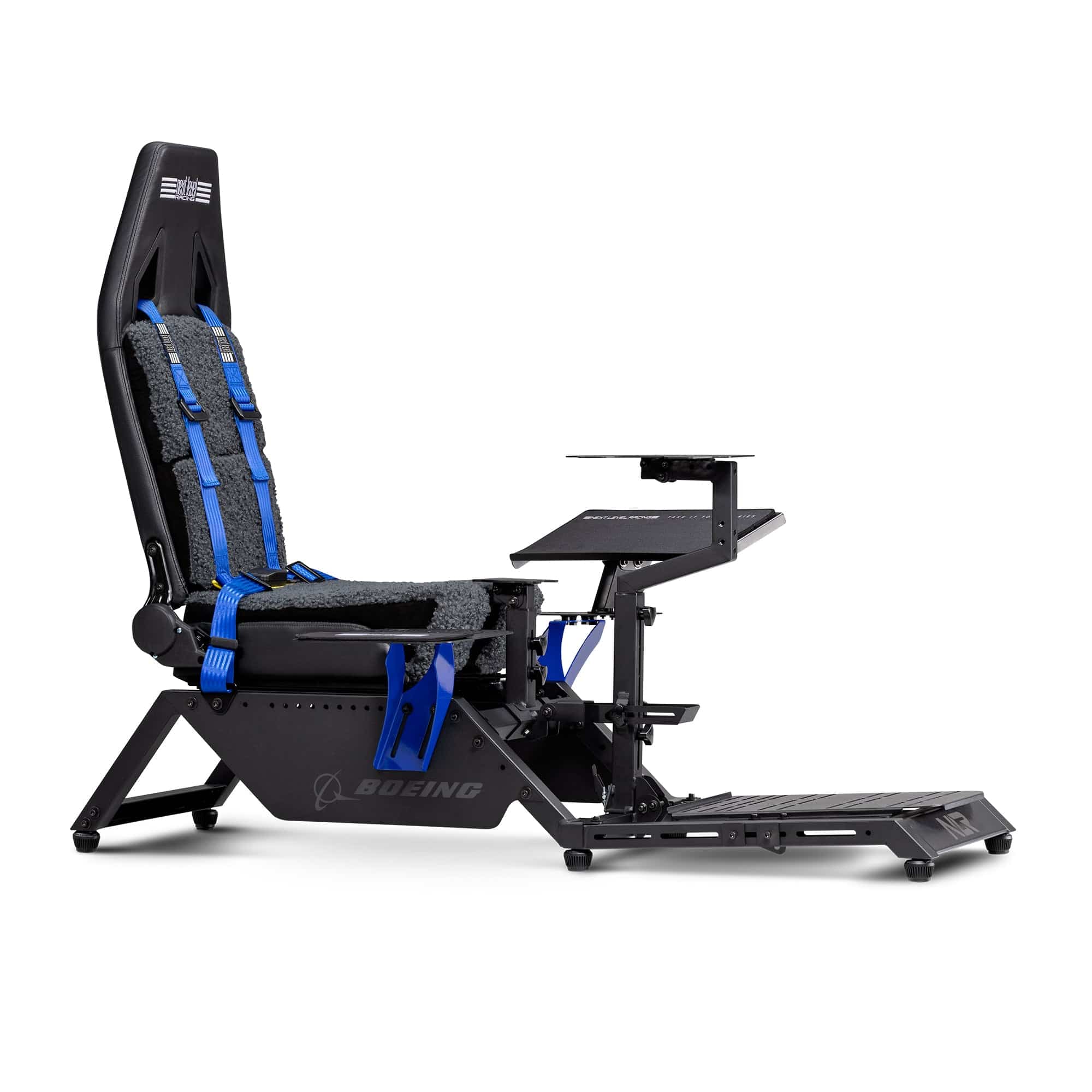 Next Level Racing Boeing Commercial Edition flight simulator cockpit chassis with realistic controls and sturdy construction.