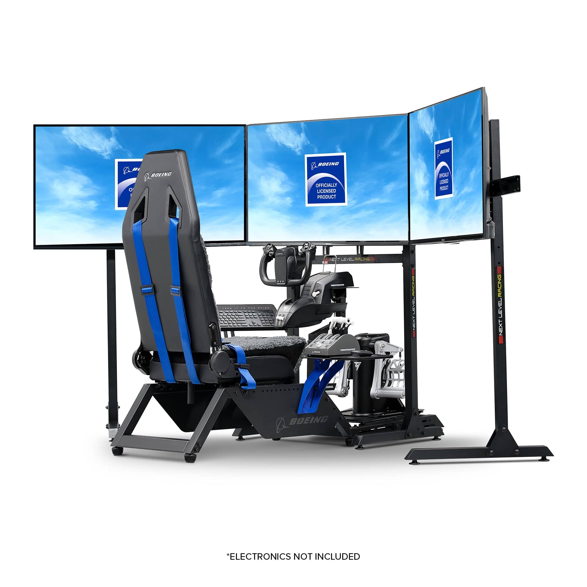 Next Level Racing Boeing Commercial Edition flight simulator chassis with realistic cockpit setup for flight training.