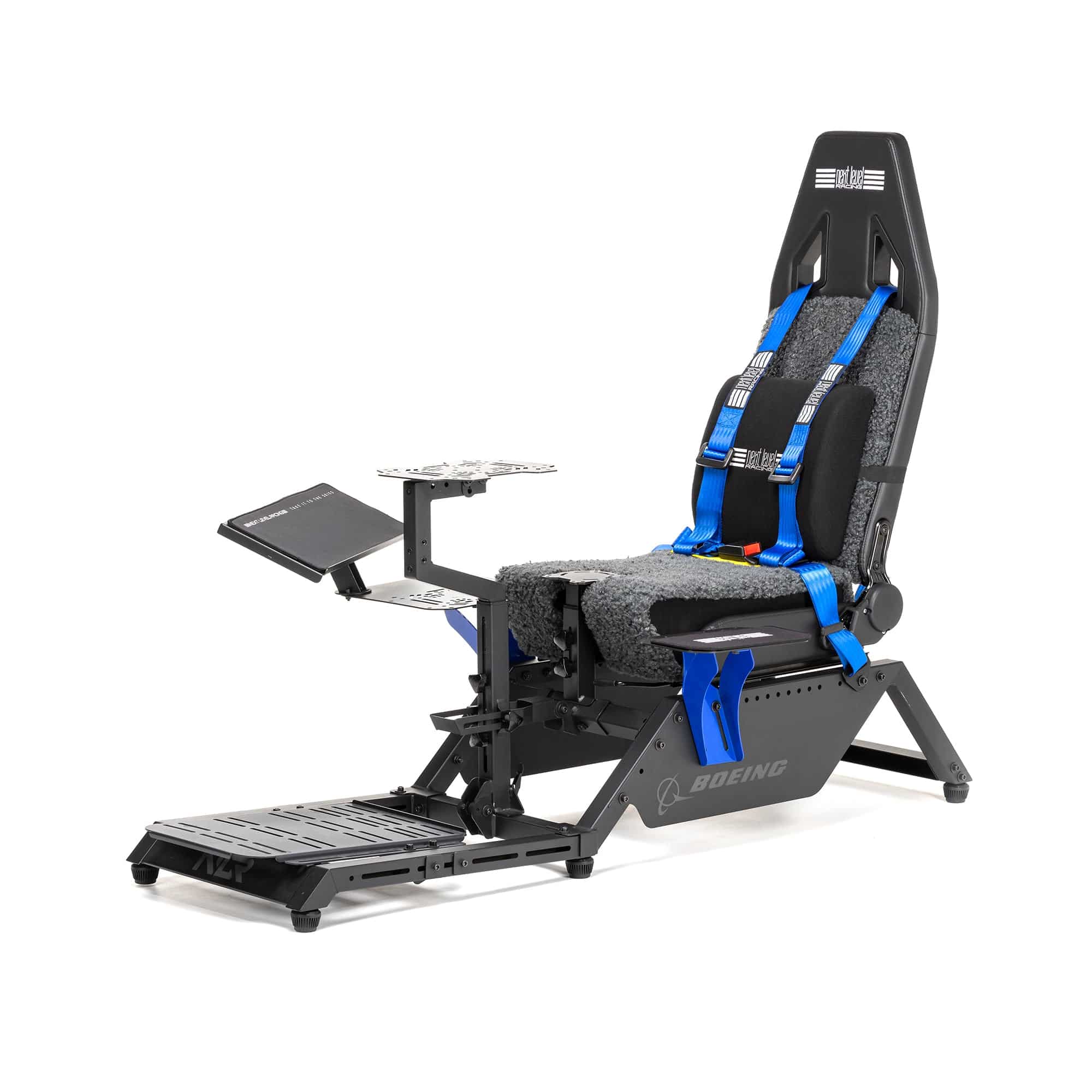 Next Level Racing Boeing Commercial Edition flight simulator cockpit chassis with realistic controls and sturdy frame for flight training.