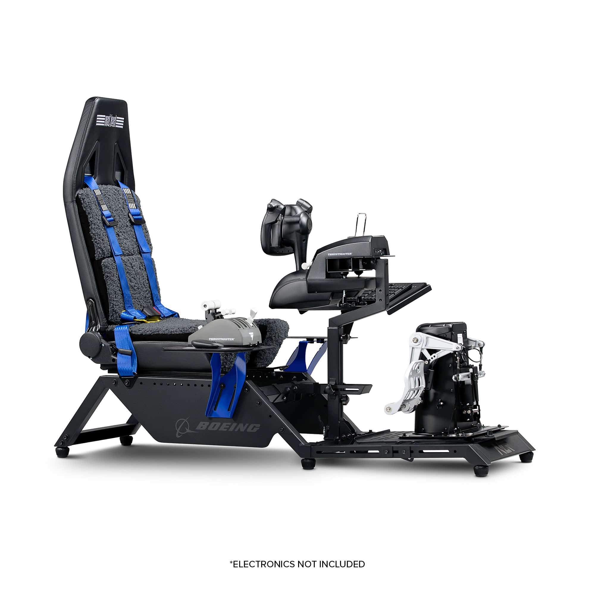 Next Level Racing Boeing Commercial Edition flight simulator cockpit chassis with realistic controls and sturdy build for immersive flying.
