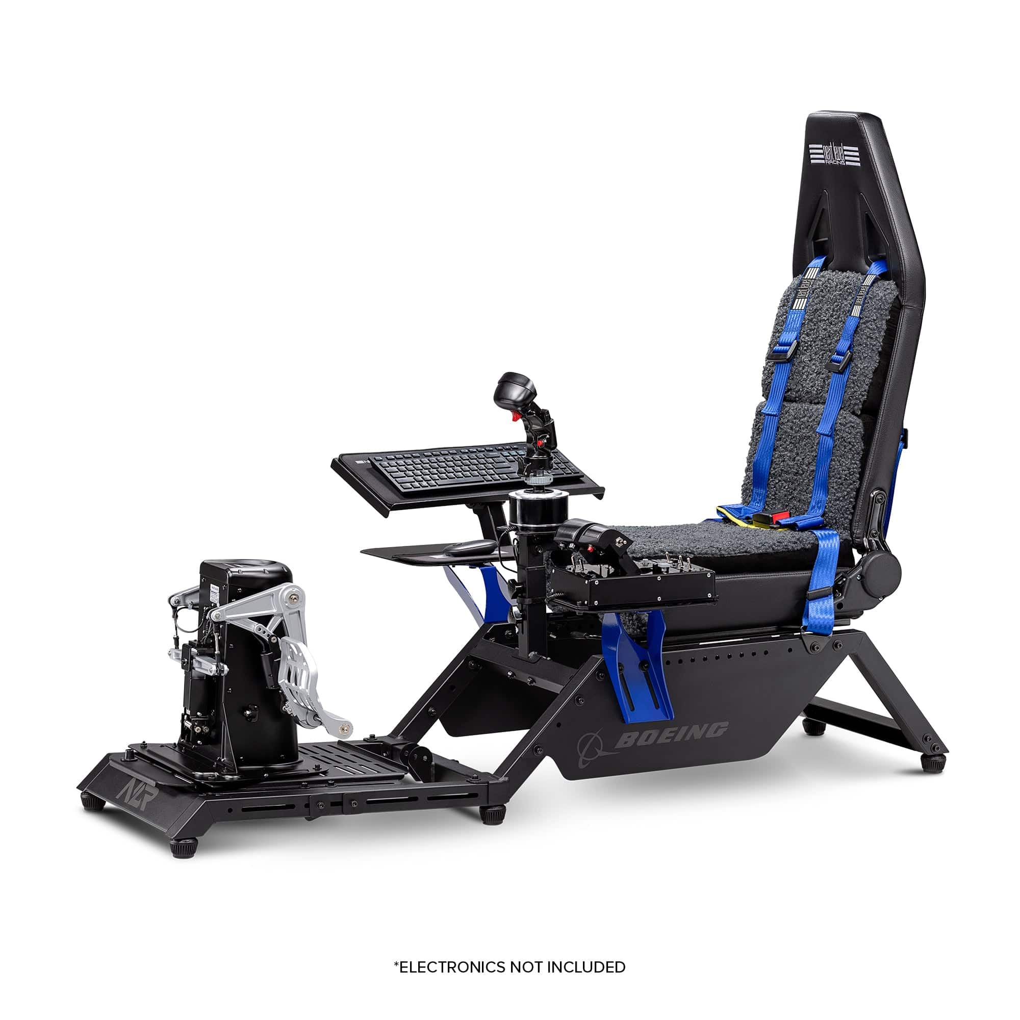 Next Level Racing Boeing Commercial Edition flight simulator cockpit chassis with realistic controls and sturdy build for immersive flying.
