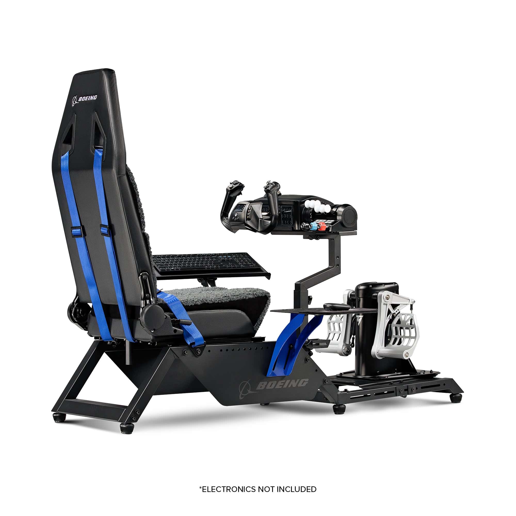 Next Level Racing Boeing Commercial Edition flight simulator cockpit chassis with realistic controls and sturdy frame.