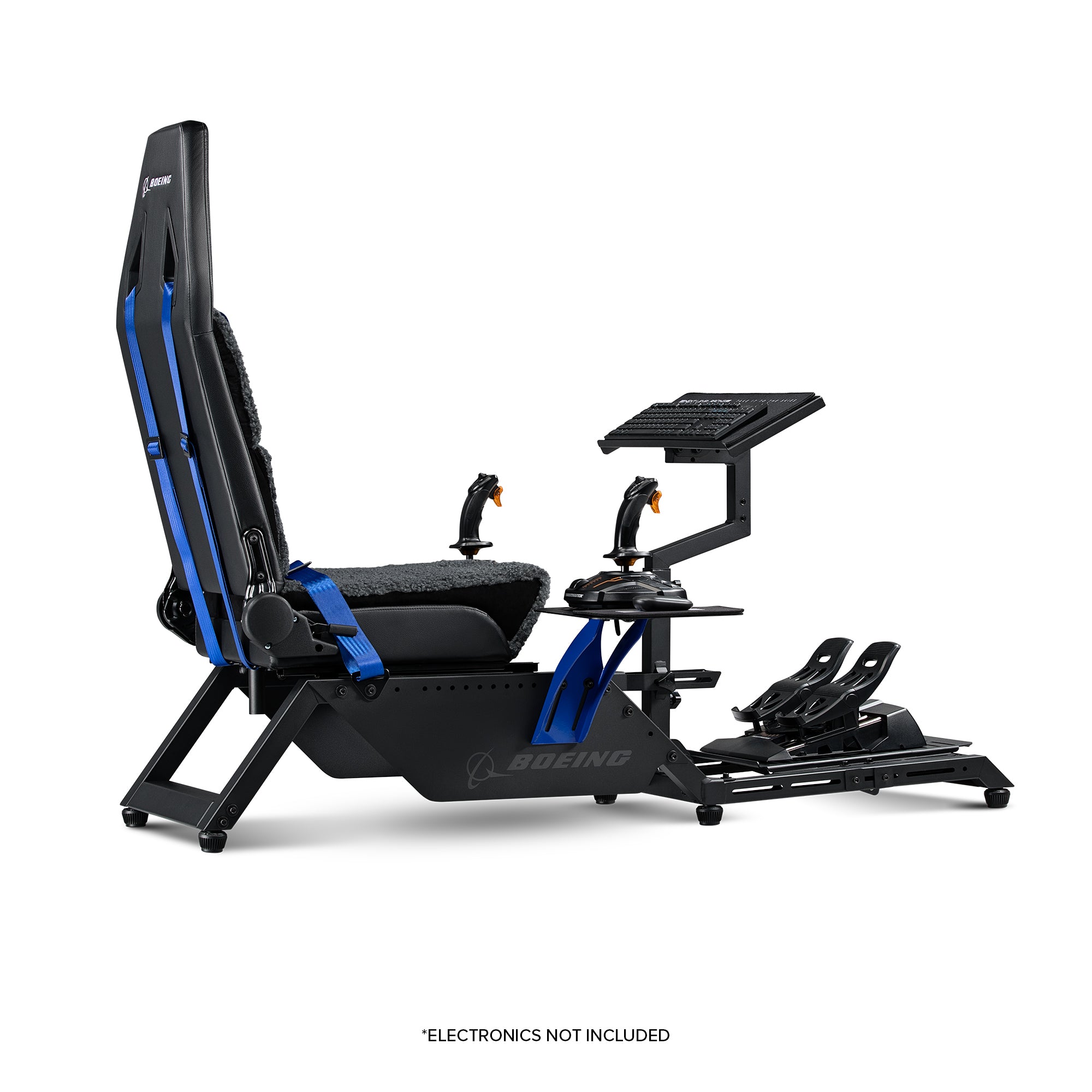 Next Level Racing Boeing Commercial Edition flight simulator cockpit chassis with seat and control panel for realistic flight experience.