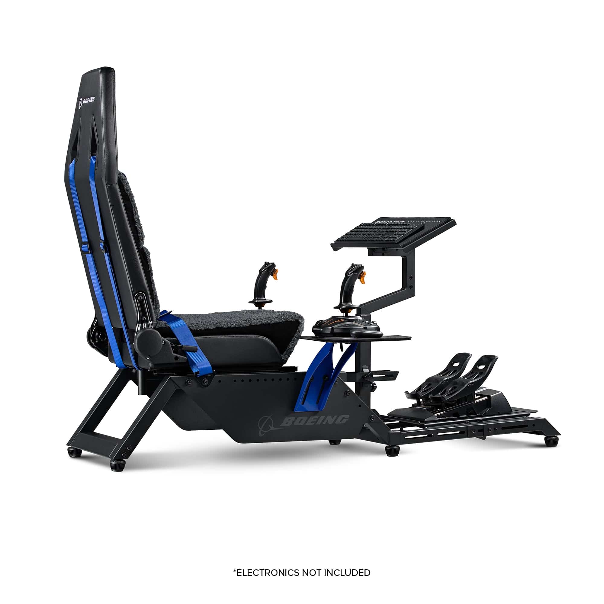 Next Level Racing Boeing Commercial Edition flight simulator cockpit chassis with seat and control panel for realistic flight experience.