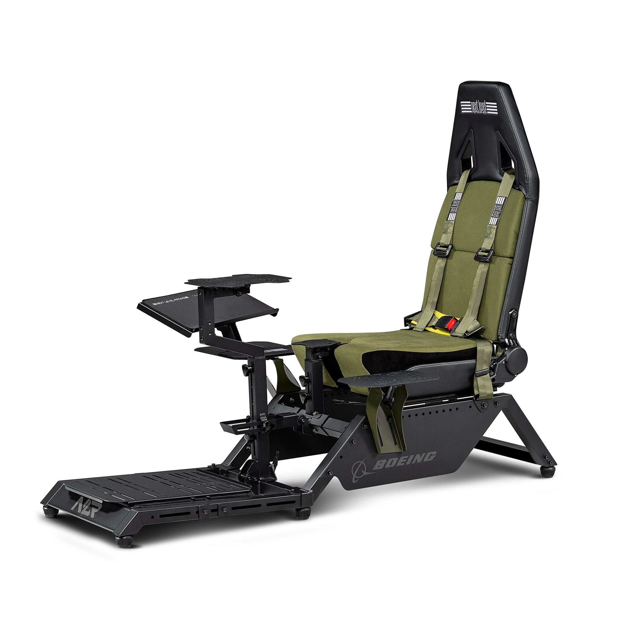 Next Level Racing Boeing Military Edition flight simulator cockpit with realistic controls and sturdy chassis for immersive flying experience.