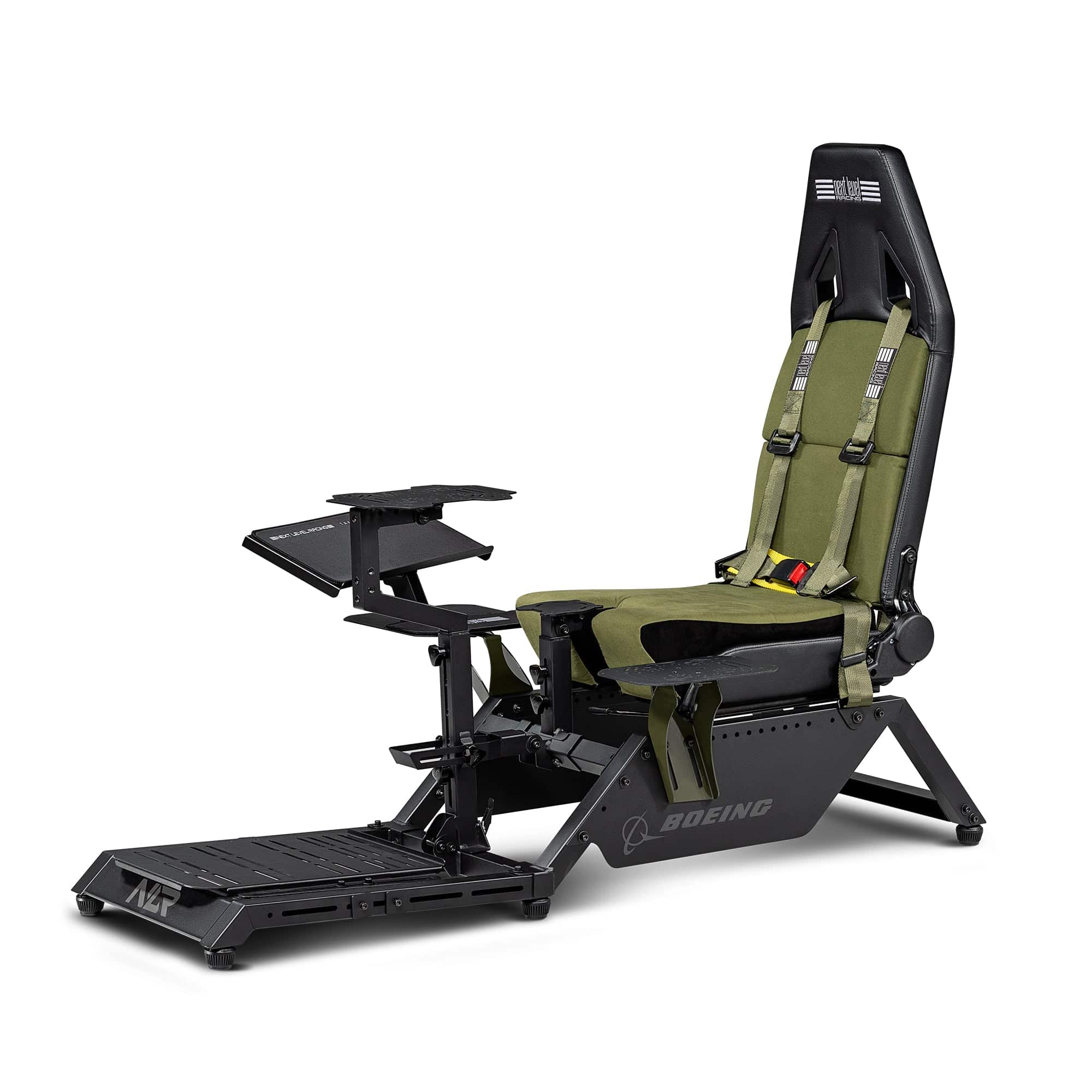 Next Level Racing Boeing Military Edition flight simulator cockpit with realistic controls and sturdy chassis for immersive flying experience.