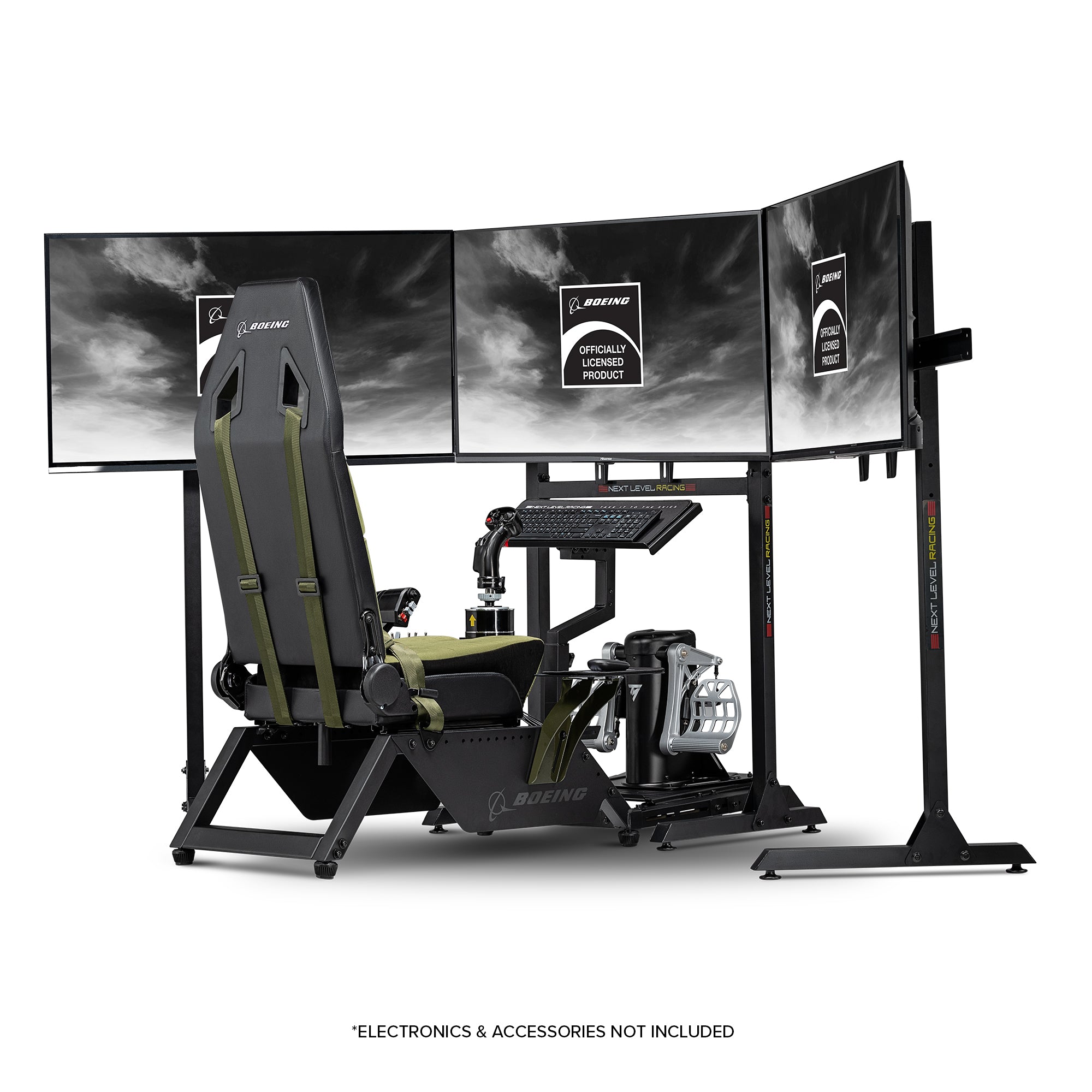 Next Level Racing Boeing Military Edition flight simulator cockpit chassis with control panels and realistic cockpit details.