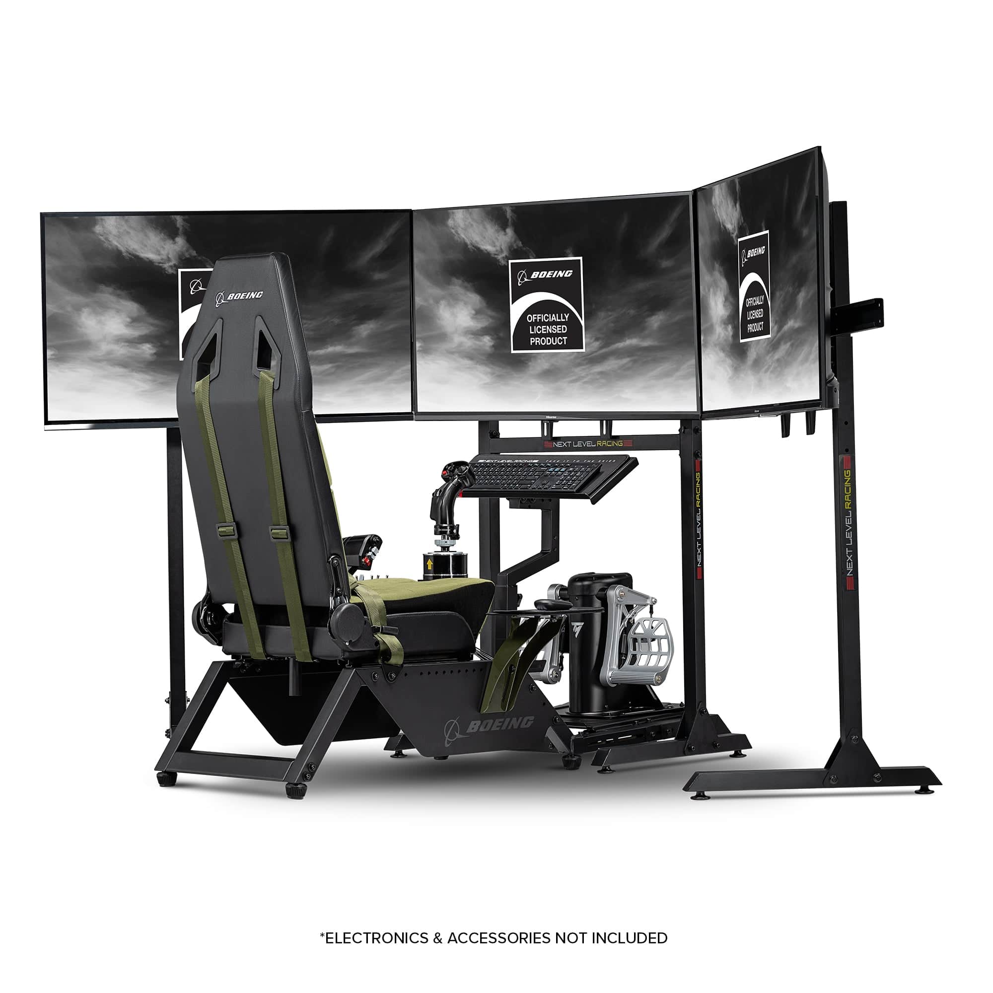 Next Level Racing Boeing Military Edition flight simulator cockpit chassis with control panels and realistic cockpit details.
