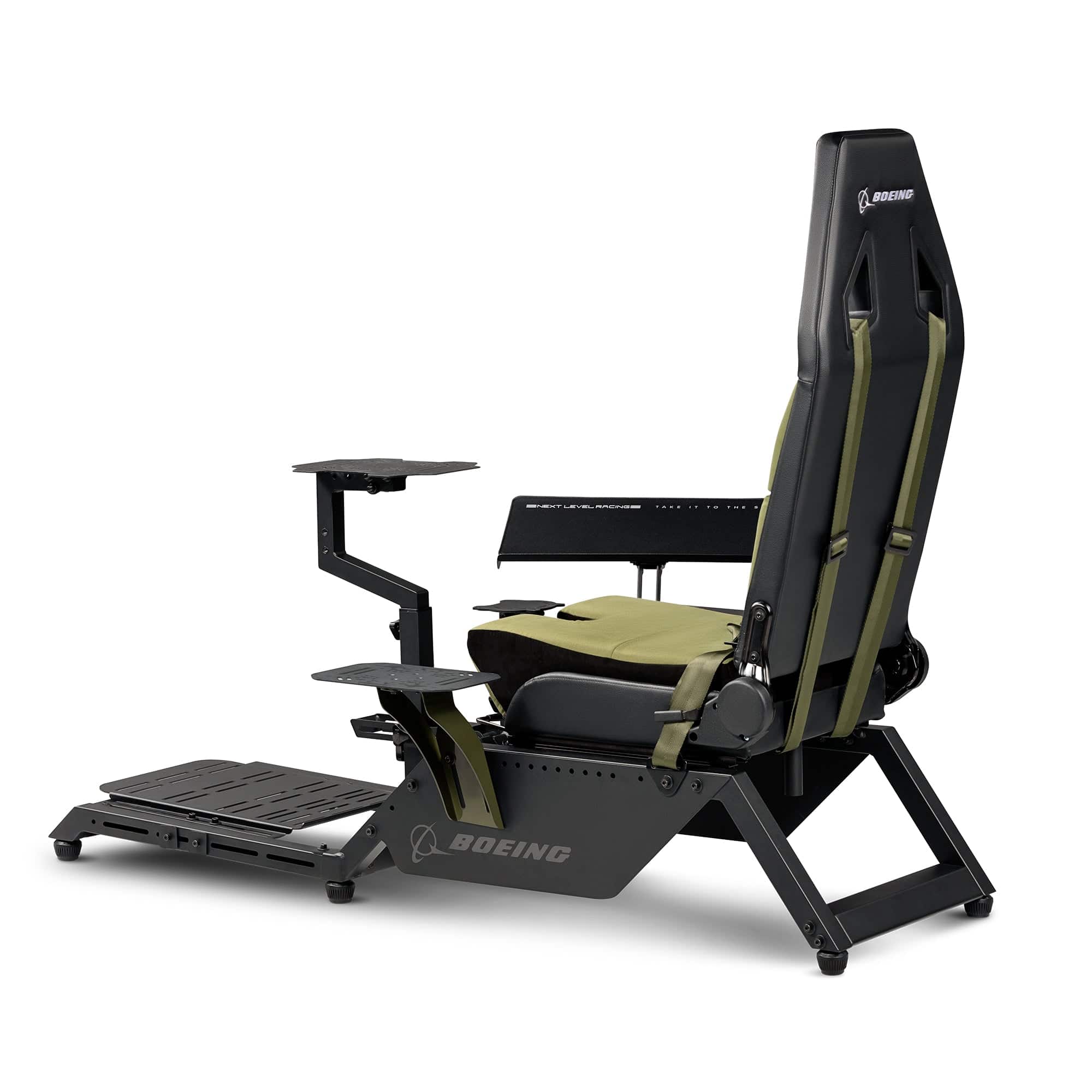 Next Level Racing Boeing Military Edition flight simulator cockpit with sturdy chassis and realistic controls for immersive flight experiences.