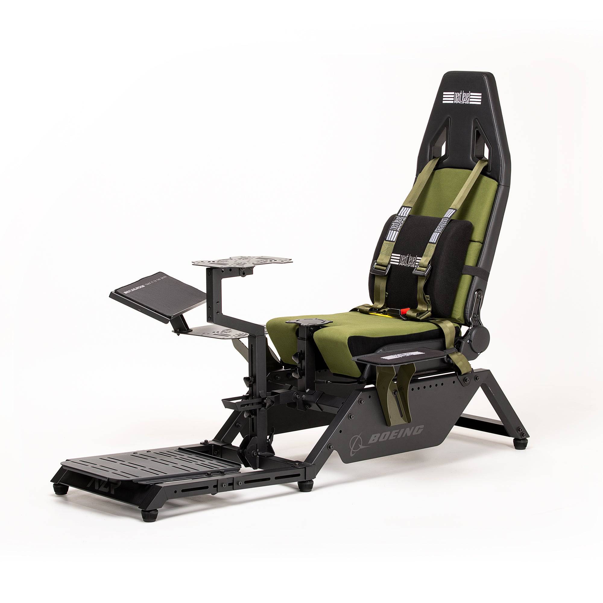 Next Level Racing Boeing Military Edition flight simulator cockpit with adjustable chassis and realistic controls for immersive flight experience.