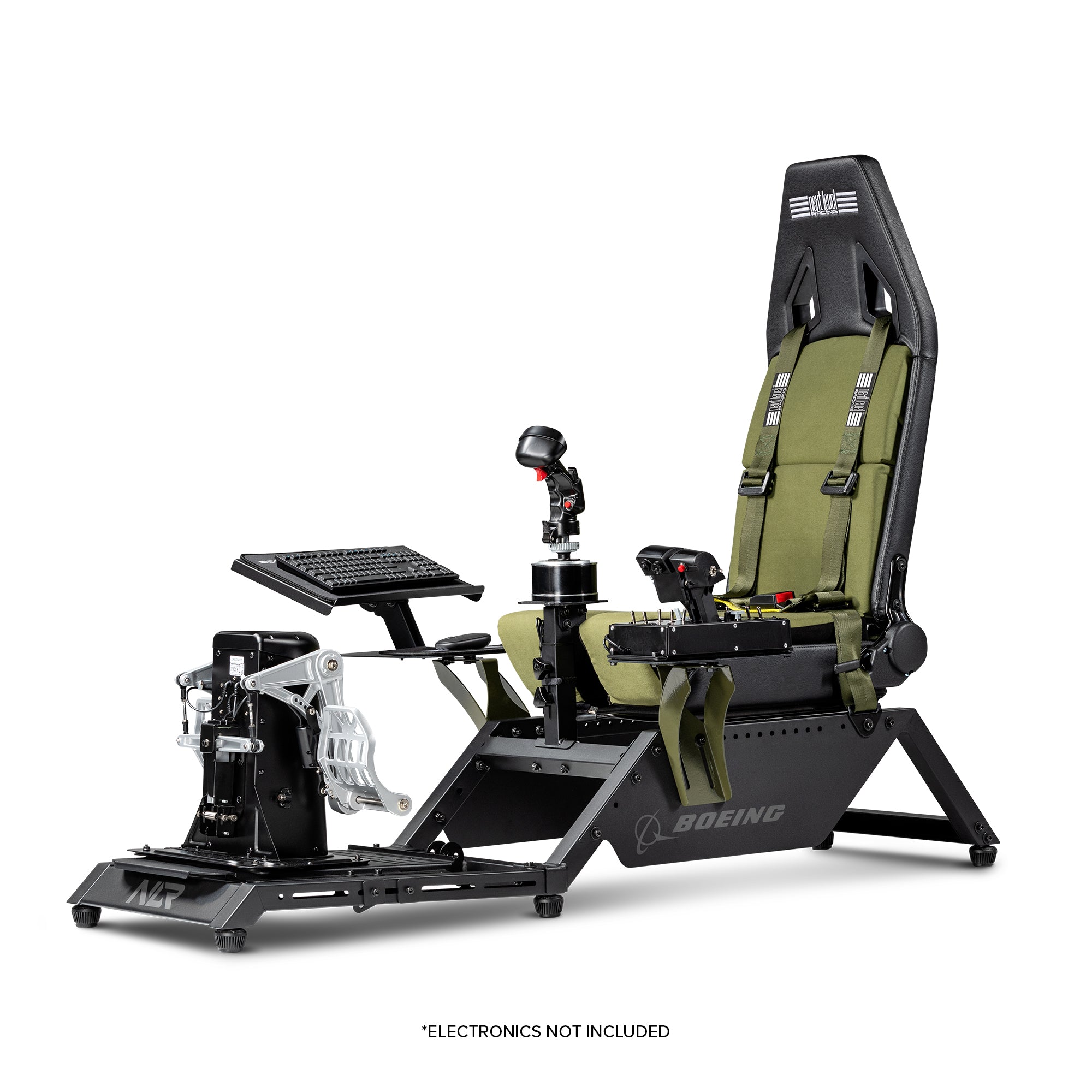 Next Level Racing Boeing Military Edition flight simulator cockpit with adjustable chassis and realistic cockpit controls.