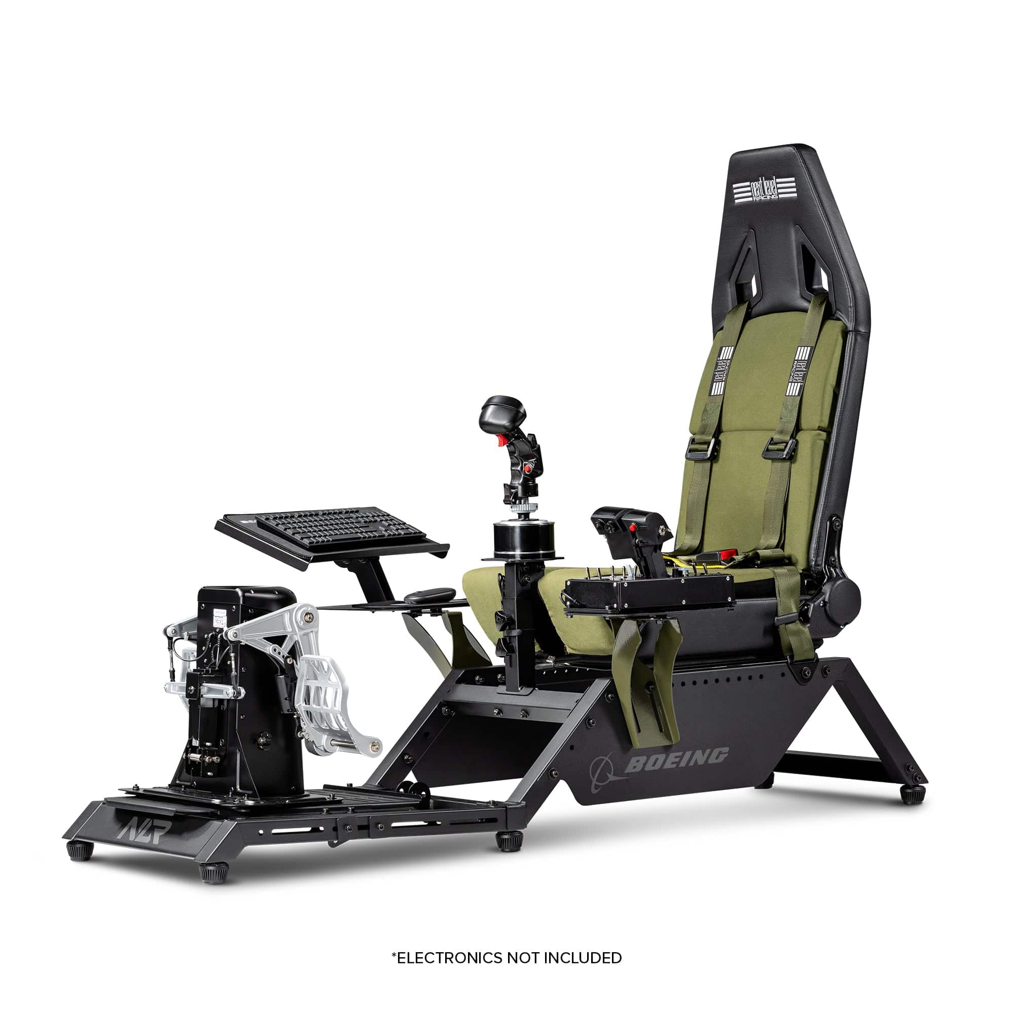 Next Level Racing Boeing Military Edition flight simulator cockpit with adjustable chassis and realistic cockpit controls.