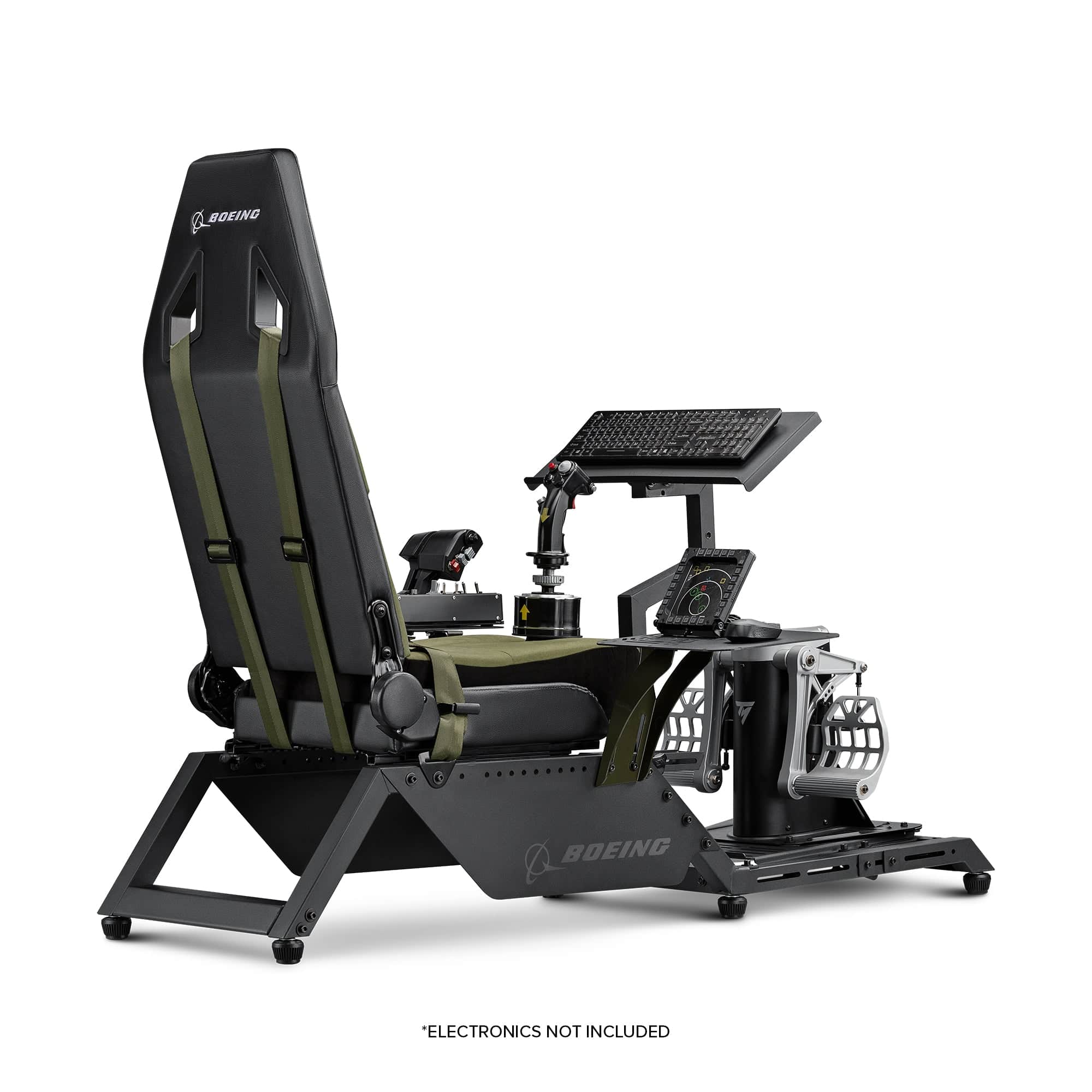 Next Level Racing Boeing Military Edition flight simulator cockpit with realistic chassis and control panel for immersive flight experience