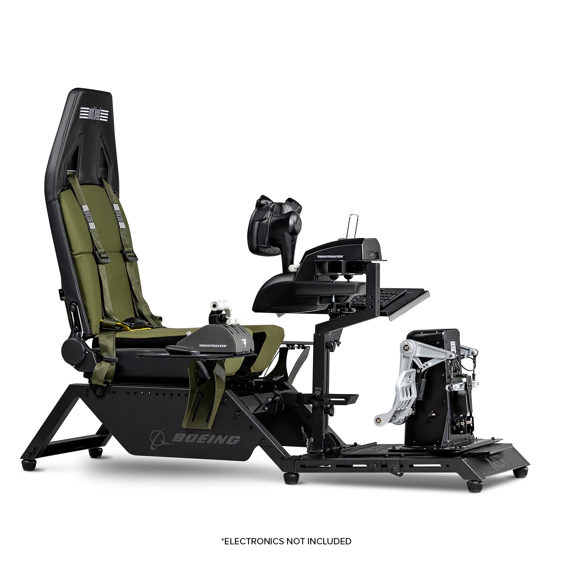 Next Level Racing Boeing Military Edition flight simulator cockpit with sturdy chassis and realistic cockpit details for immersive simulation.