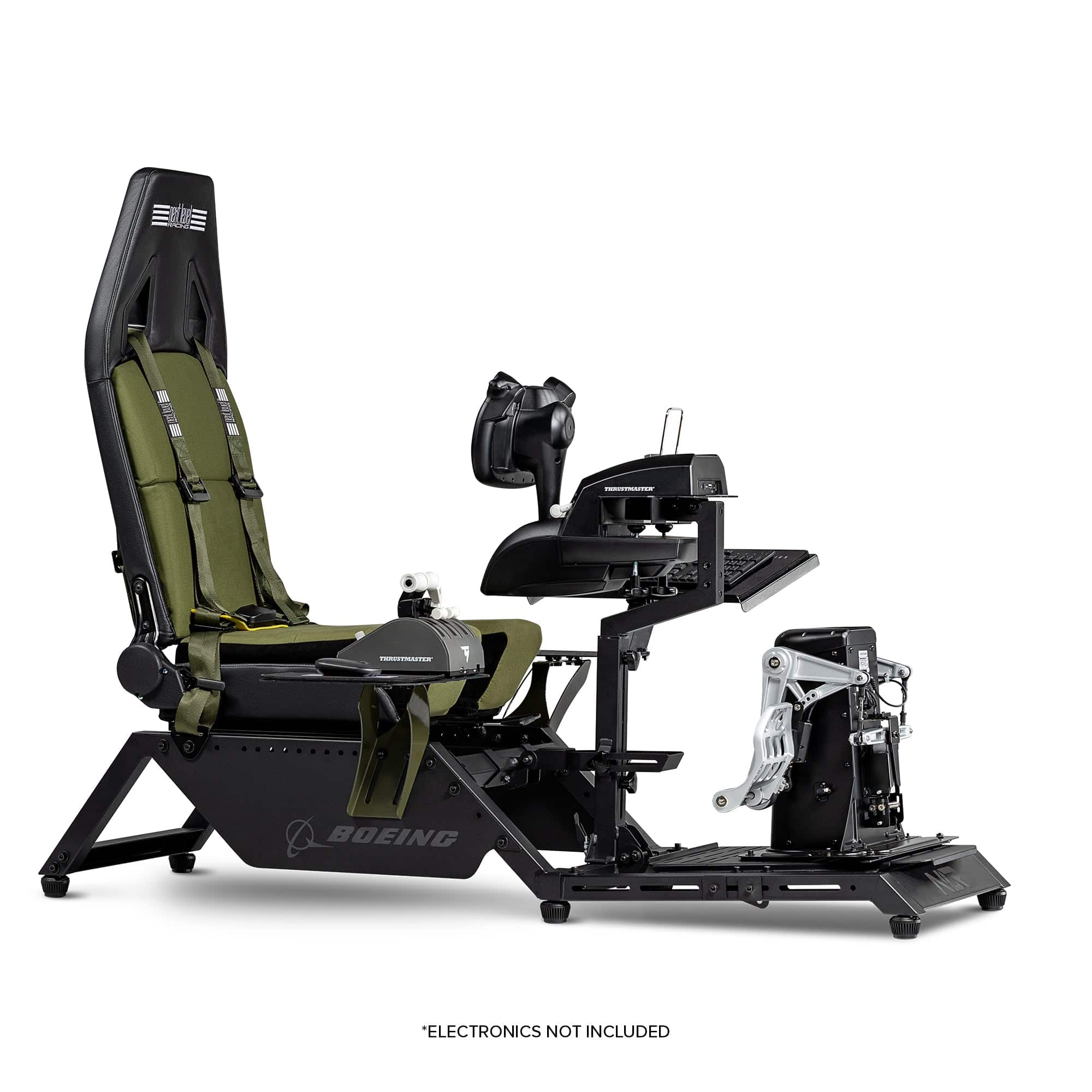 Next Level Racing Boeing Military Edition flight simulator cockpit with sturdy chassis and realistic cockpit details for immersive simulation.
