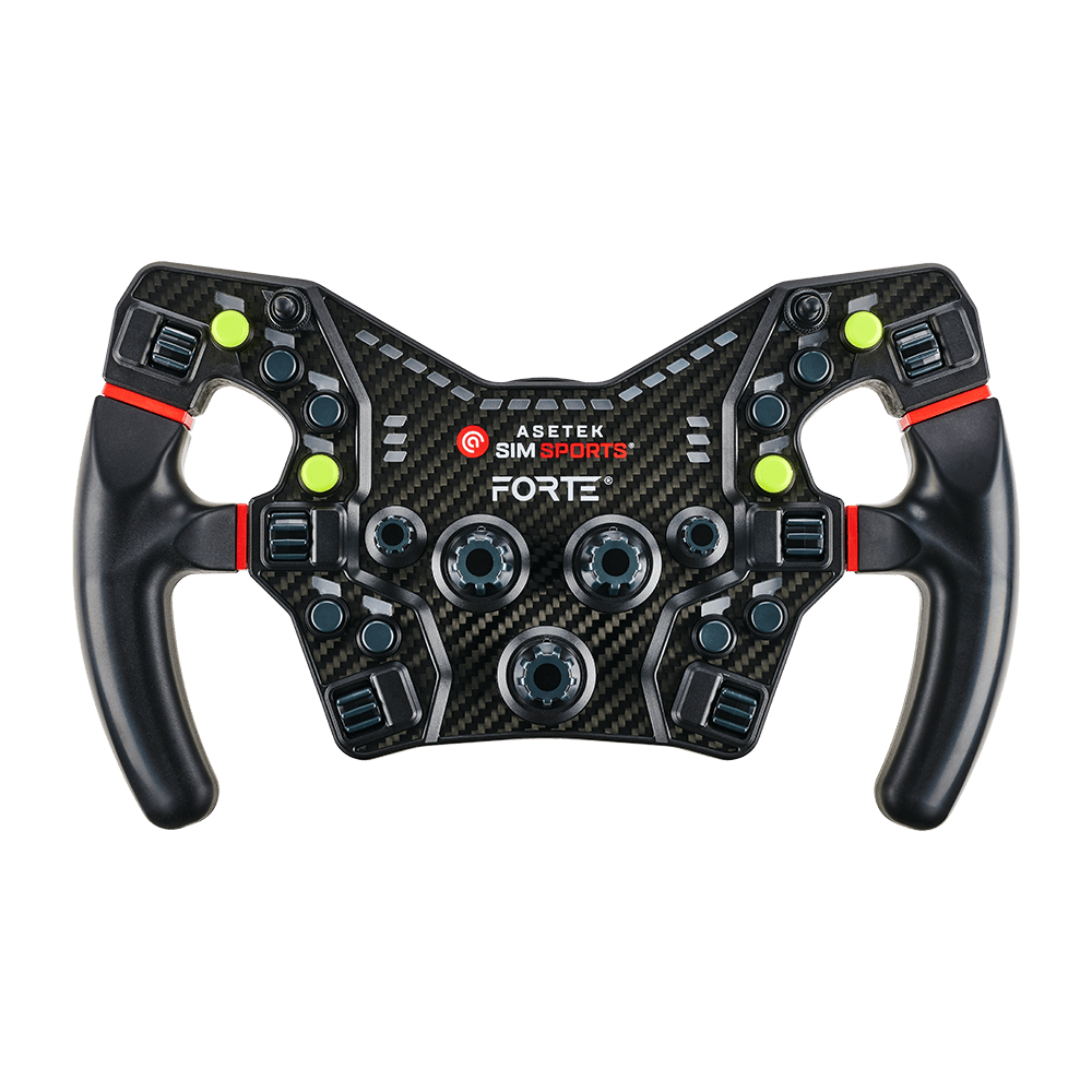 Asetek SimSports steering wheel button color kit with neon green and red cushions for wheel rim customization.