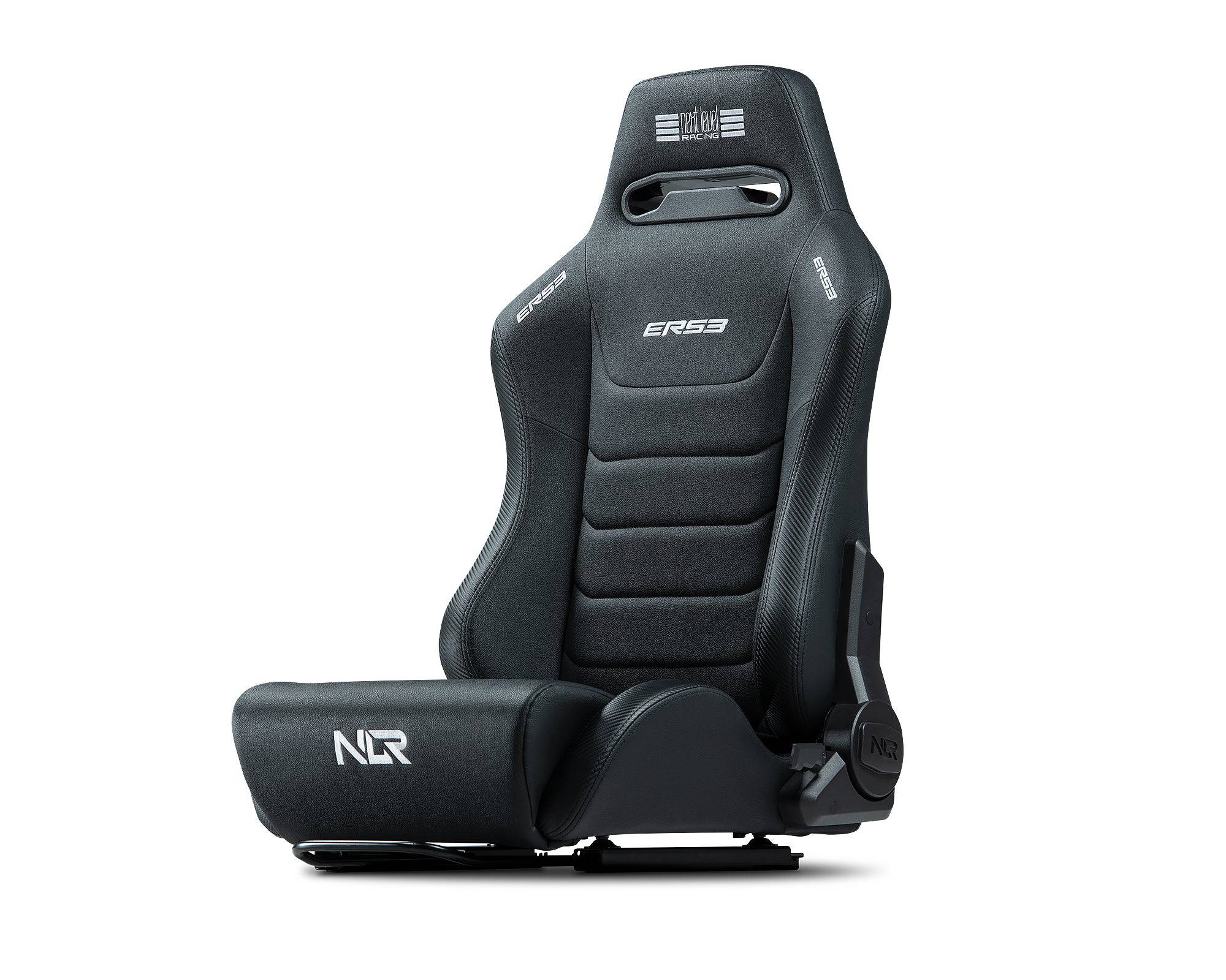 Next Level Racing ERS3 Elite reclining sim racing seat with adjustable features and black upholstery for gaming comfort.